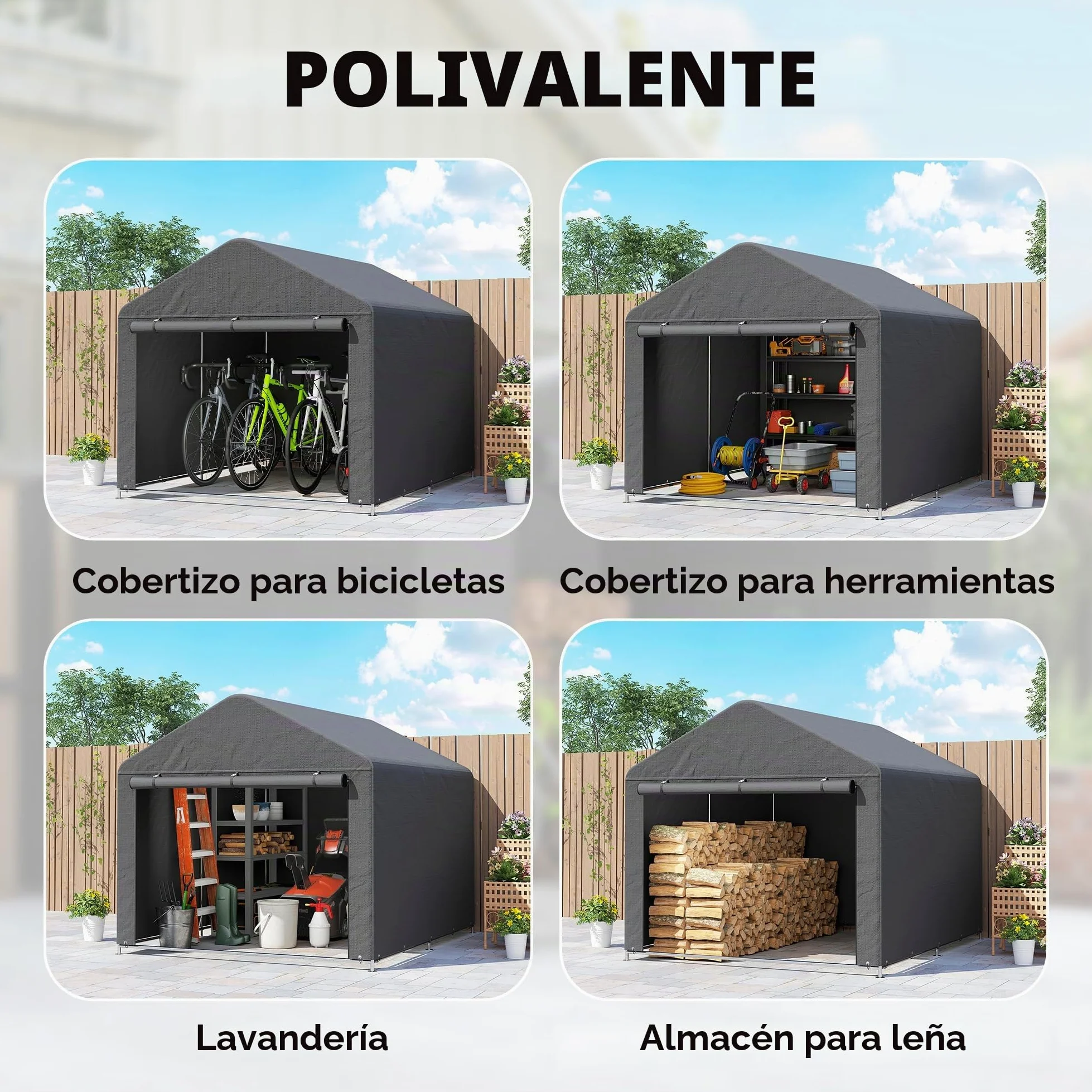 Outsunny 6.6x7.8ft Cobertizo jardín Impermeable Gris Oscuro | Tienda bici, puerta enrollable cremallera, marco metal galvanizado, cobertizo portátil para moto, herramientas