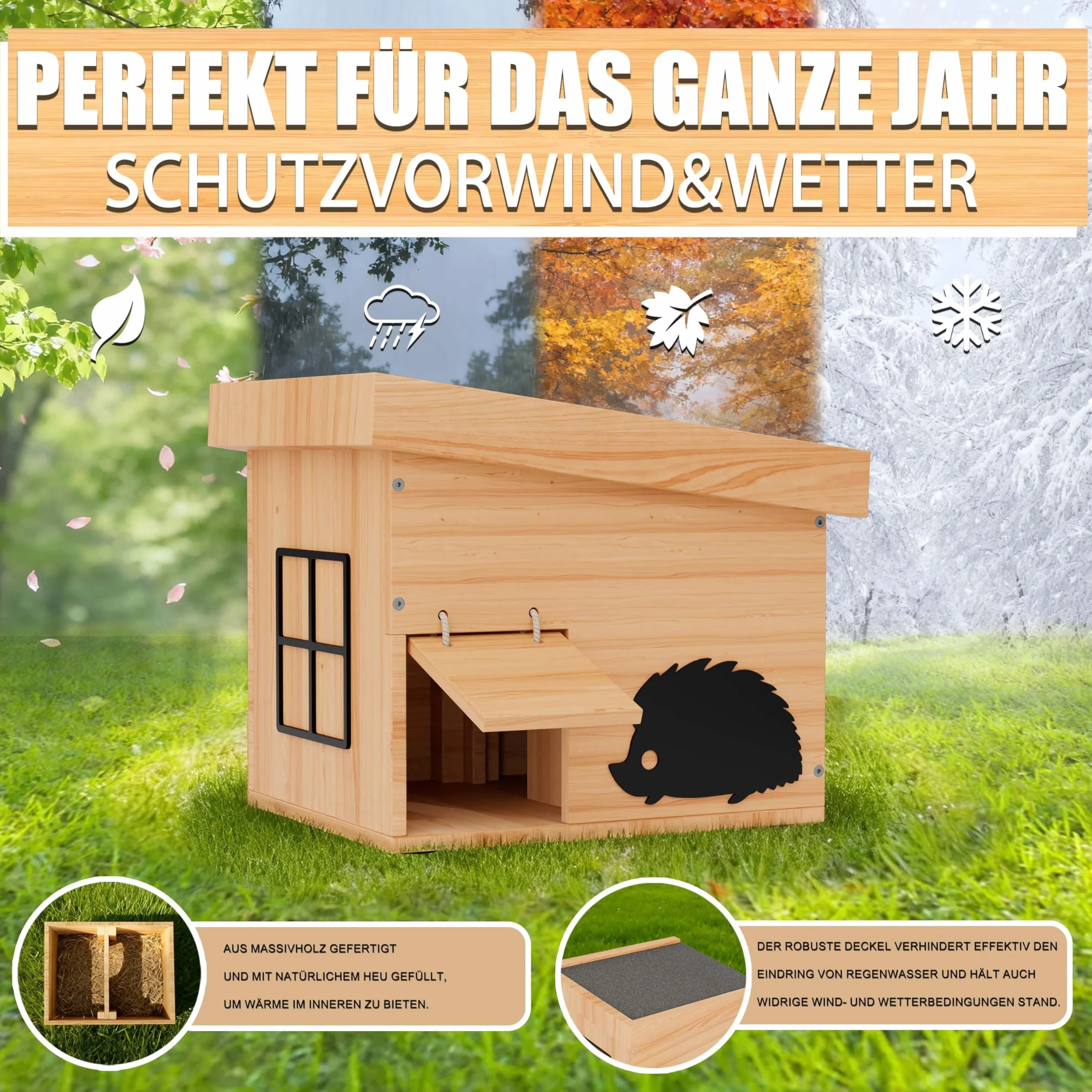 Casa de erizo de madera para erizos con suelo, resistente a la intemperie, resistente a la intemperie, para erizos, dormir, jardín, kit de construcción (haya)