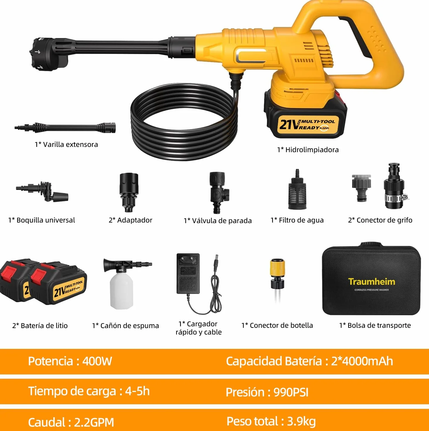 Hidrolimpiadora inalámbrica, 17 Piezas, 8000 mAh, máx. 68 Bares, con Boquilla 6 en 1 y Boquilla giratoria de 180°, hidrolimpiadora portátil para Coches, Bicicletas, terrazas y Jardines.