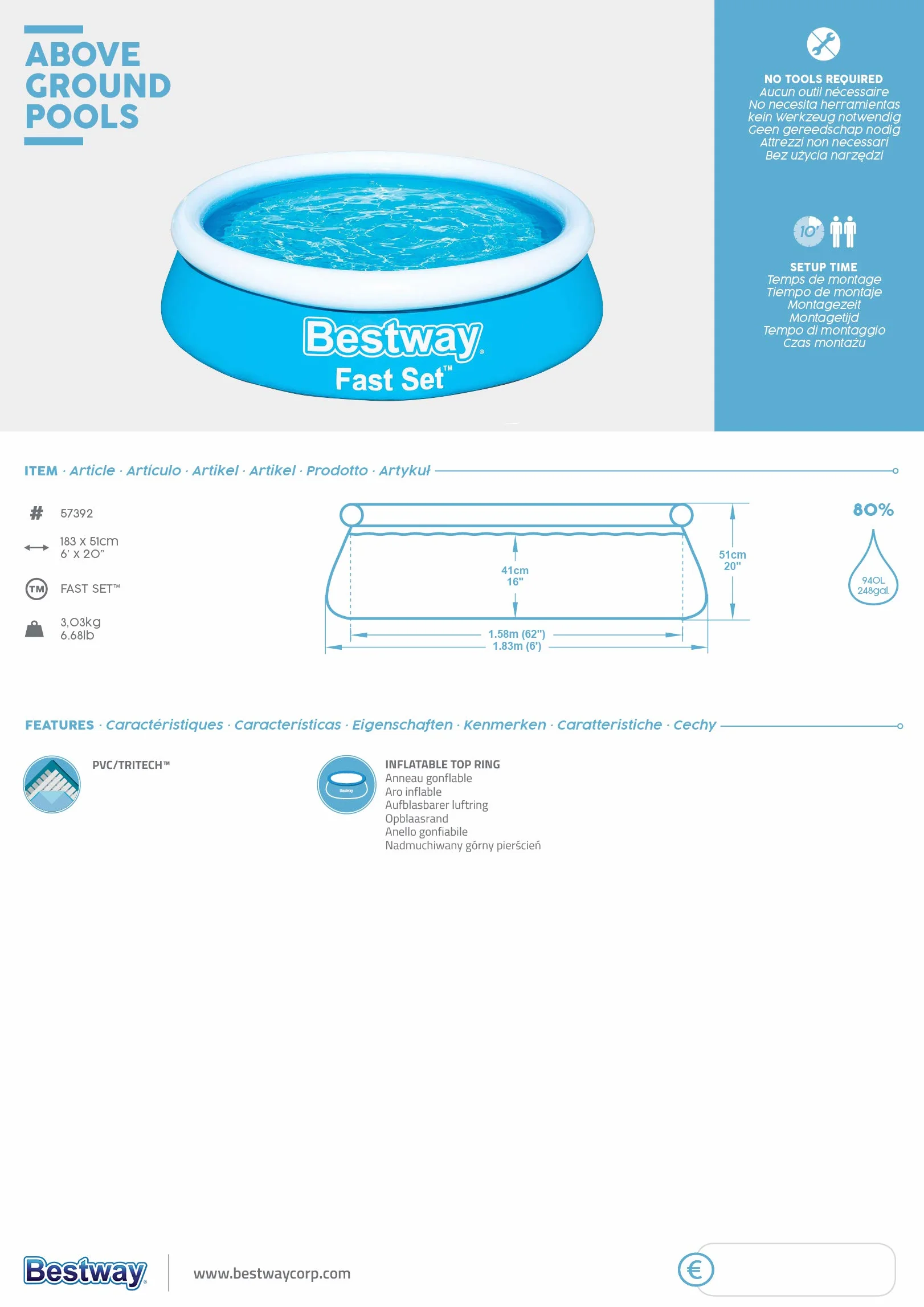 Bestway Piscina automontable 183x51, Azul, BW57392