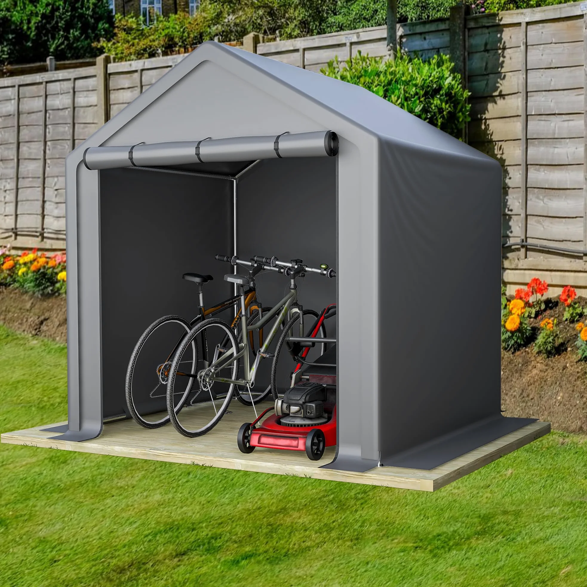 Caseta de 2 x 2 m, resistente a la intemperie, con estructura de acero, tienda de garaje, tienda de almacenamiento para bicicletas, herramientas de jardín, herramientas y accesorios de jardín