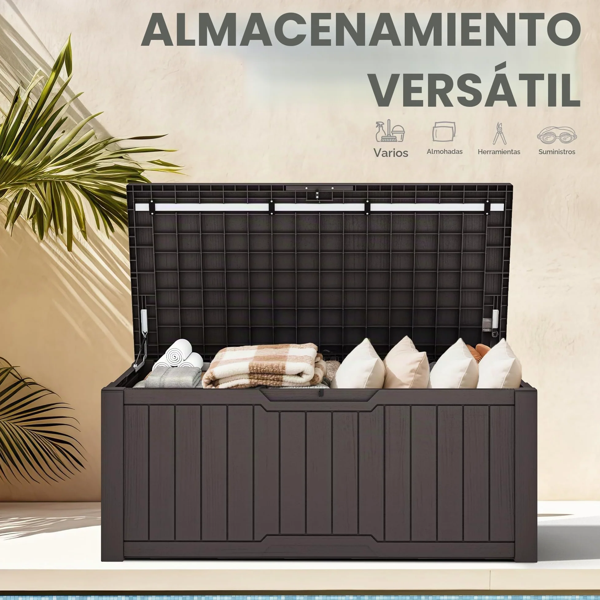 DWVO Caja de almacenamiento para jardín al aire libre, 450 L, 142,1 x 67,6 x 60 cm, impermeable, con cerradura segura, asas de transporte laterales, resistente a todo tipo de clima, caja de resina