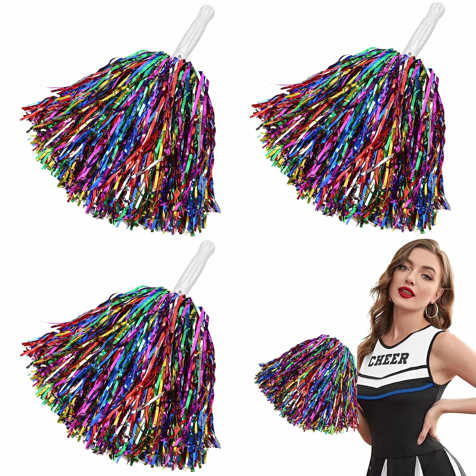 Pompones de Animadora 4 Piezas con Asa, Cheerleader Pompom, Accesorios Porristas para Competición Deportiva