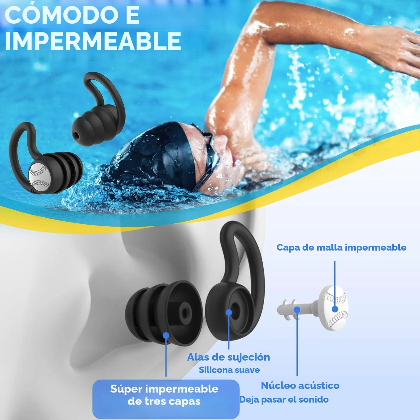 Tapones oídos natación adultos impermeables reutilizables silicona suave para ducha 3 pares