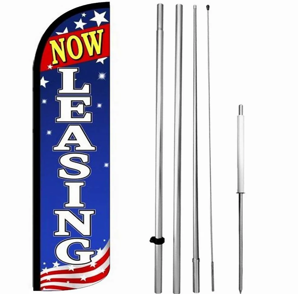 Now Leasing - Cartel de bandera de plumas sin viento de 15 pies de alto, kit de pinchos de poste grande, patriótico bz-h L