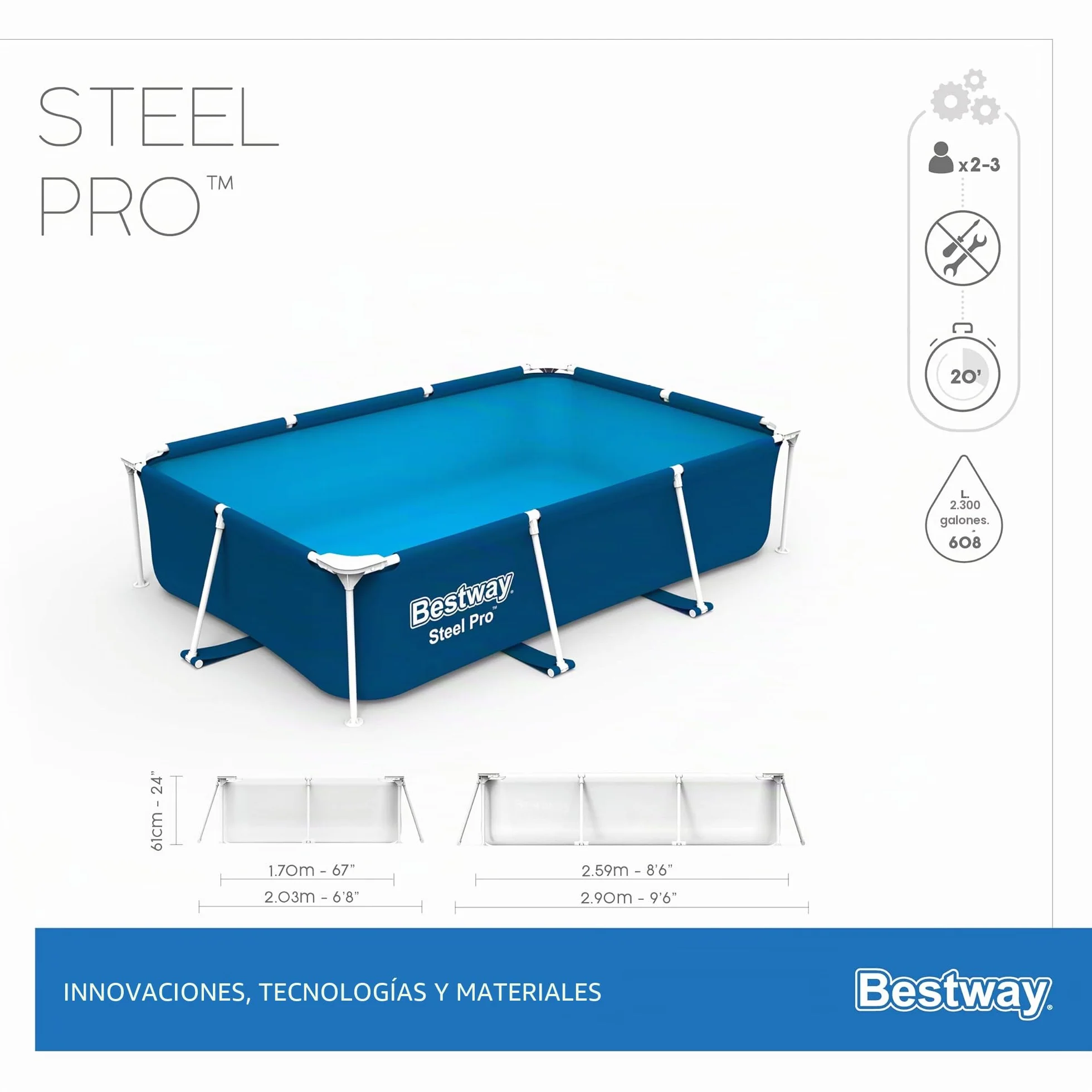 8'6" x 67" x 24"/2.59m x 1.70m x 61cm Pool