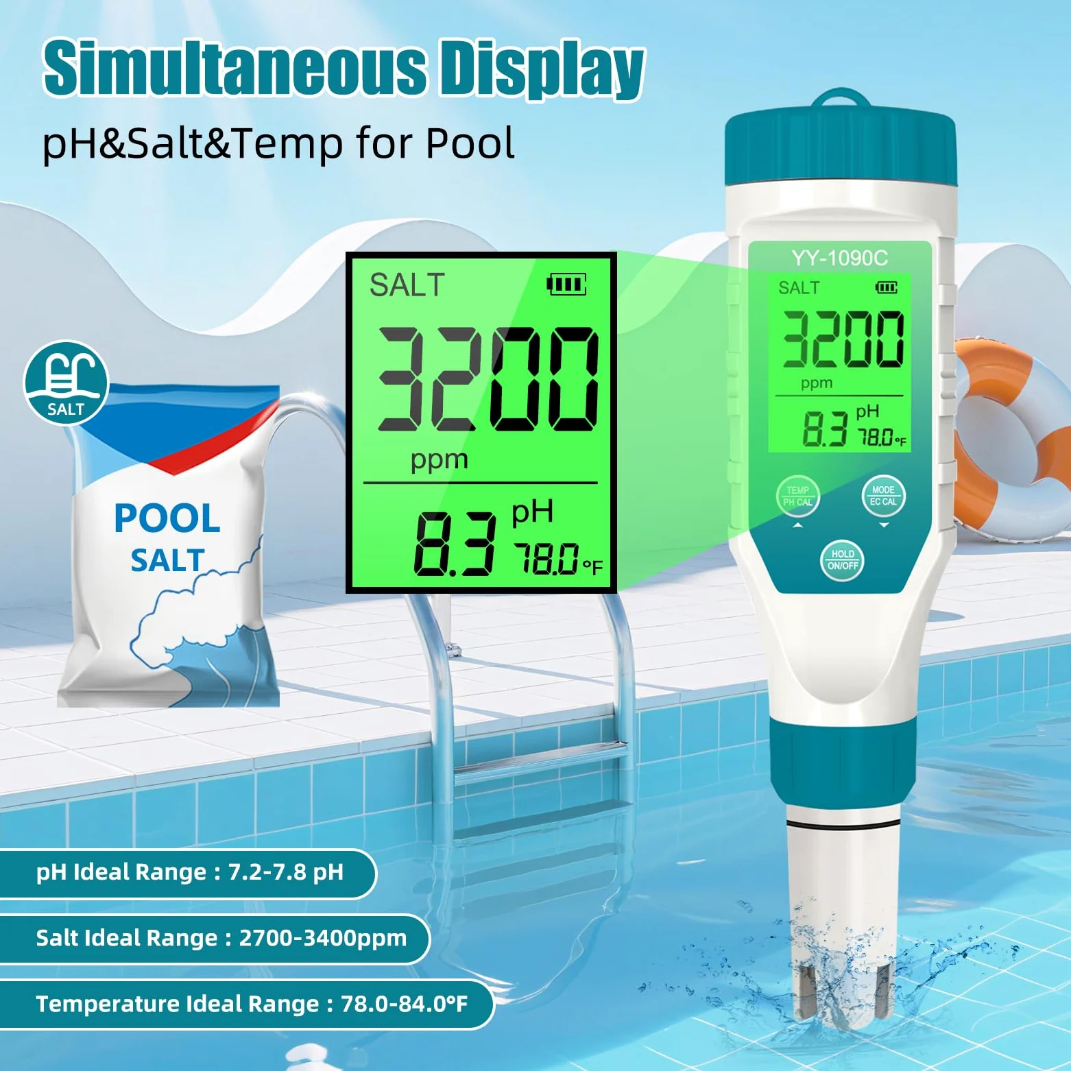 Medidor de pH para hidroponía y medidor de sal de spa - Medidor de pH, salinidad, TDS, EC y temperatura 5 en 1 con calibración de 12,88 mS/cm - Monitor de calidad del agua de piscina de agua salada