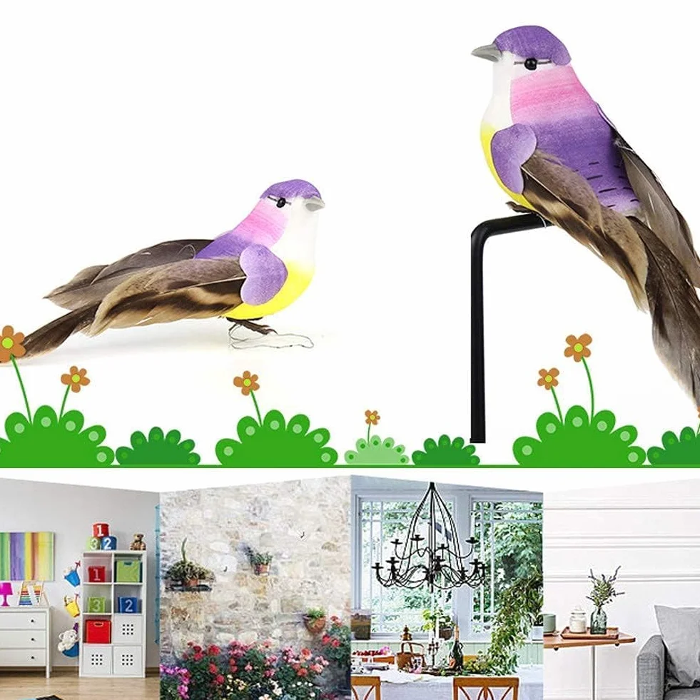 HERCHR Lote de 12 Pájaros Artificiales de Espuma con Plumas, Decoración Multicolor para Jardín, Bodas y Manualidades