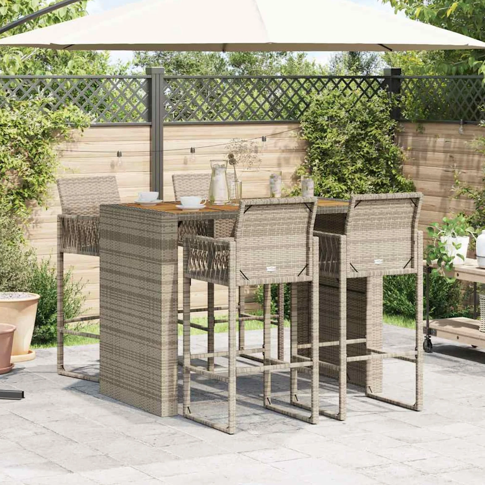 Homgoday Set Bar jardín sin Cojines 5 pzas ratán sintético Acacia Gris Barra Jardin Barra Bar Exterior mesas Altas y taburetes Dimensiones 145 cm