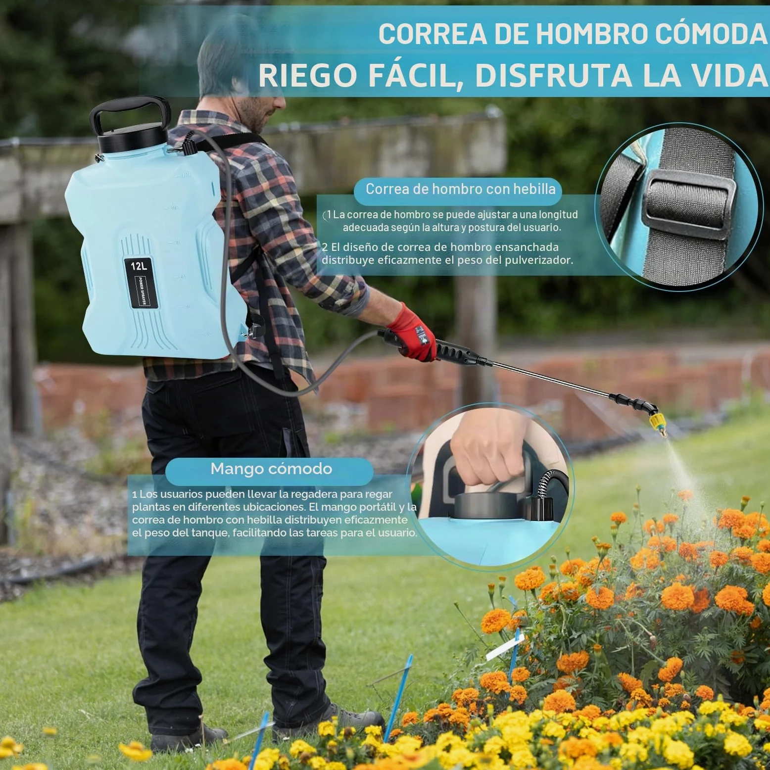 Nikou Pulverizador Electrico de Mochila 12L, Sulfatadora Bateria Pulverizadors Plantas Recargable con 5 Boquillas, Varilla Retráctil, USB, Pulverizador a Presión para Jardín Huerto Riego