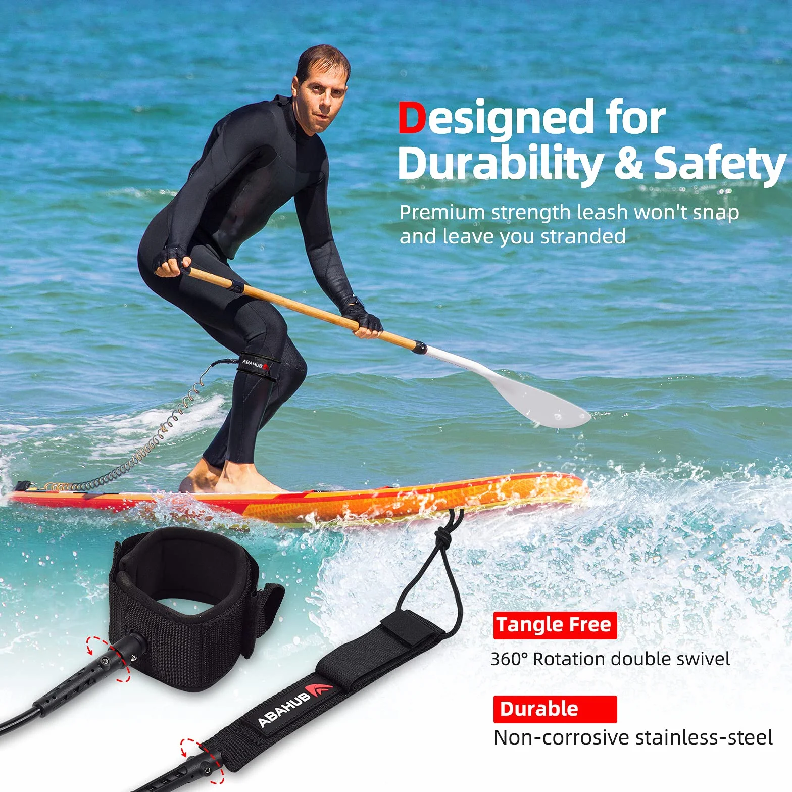 Abahub Sup Leash 10ft 7mm Safety Leash for Surfboard - Black, Blue, Orange, Green, Yellow, White, Clear, Red