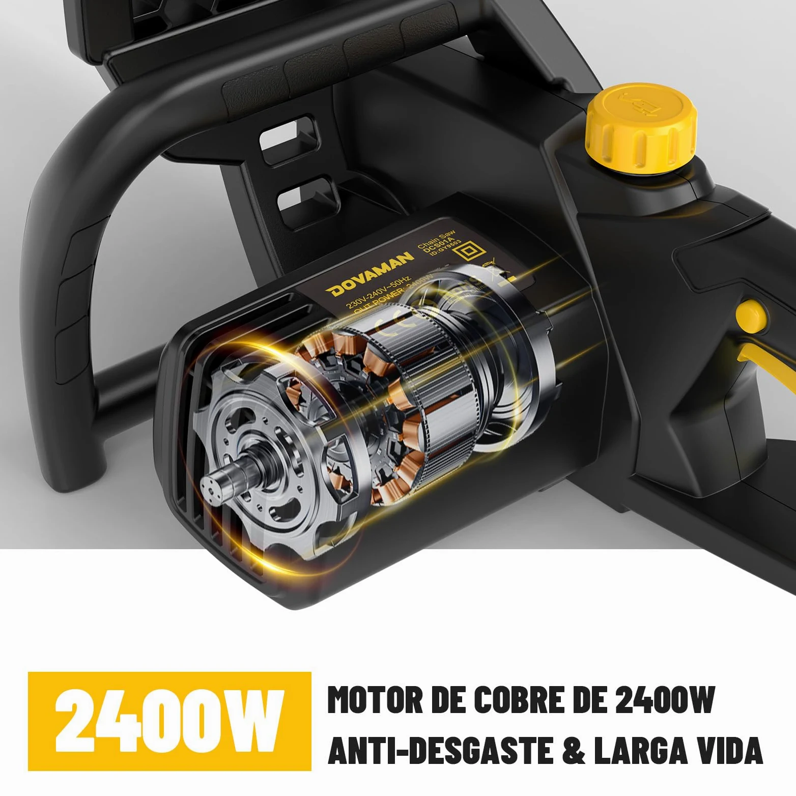 DOVAMAN Motosierra Eléctrica de 2400W, Tensión sin Herramientas en un Paso, 40cm Barra y Cadena Oregon, 15m/s Velocidad de Cadena, Lubricación Automática, Freno Mecánico y 2 Cadenas - DCS01A