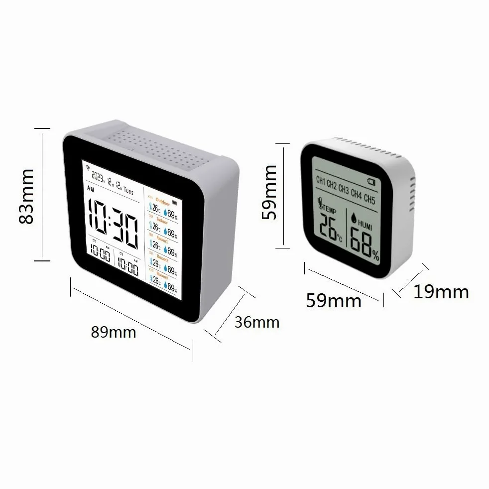Termómetro Higrómetro Inteligente WIFI para Oficina en Casa, Monitoreo en Tiempo Real Medidor de Humedad de Temperatura 13 1 con Pantalla Hora/alarma, Material ABS Blanco (con 5 subunidades)