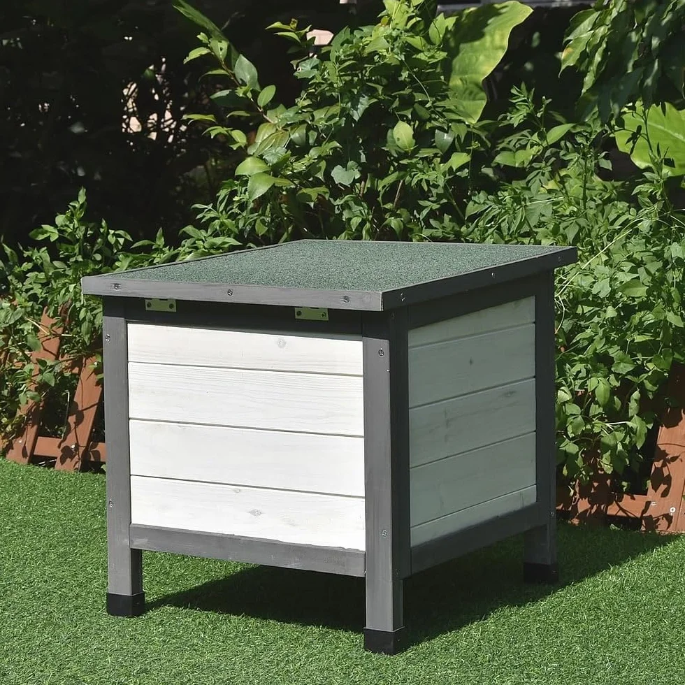 Melko Casa de erizo resistente al invierno con suelo y techo resistente a la intemperie para erizos con tapa plegable, 50 x 45 x 43 cm, cabaña para erizos, color gris y blanco