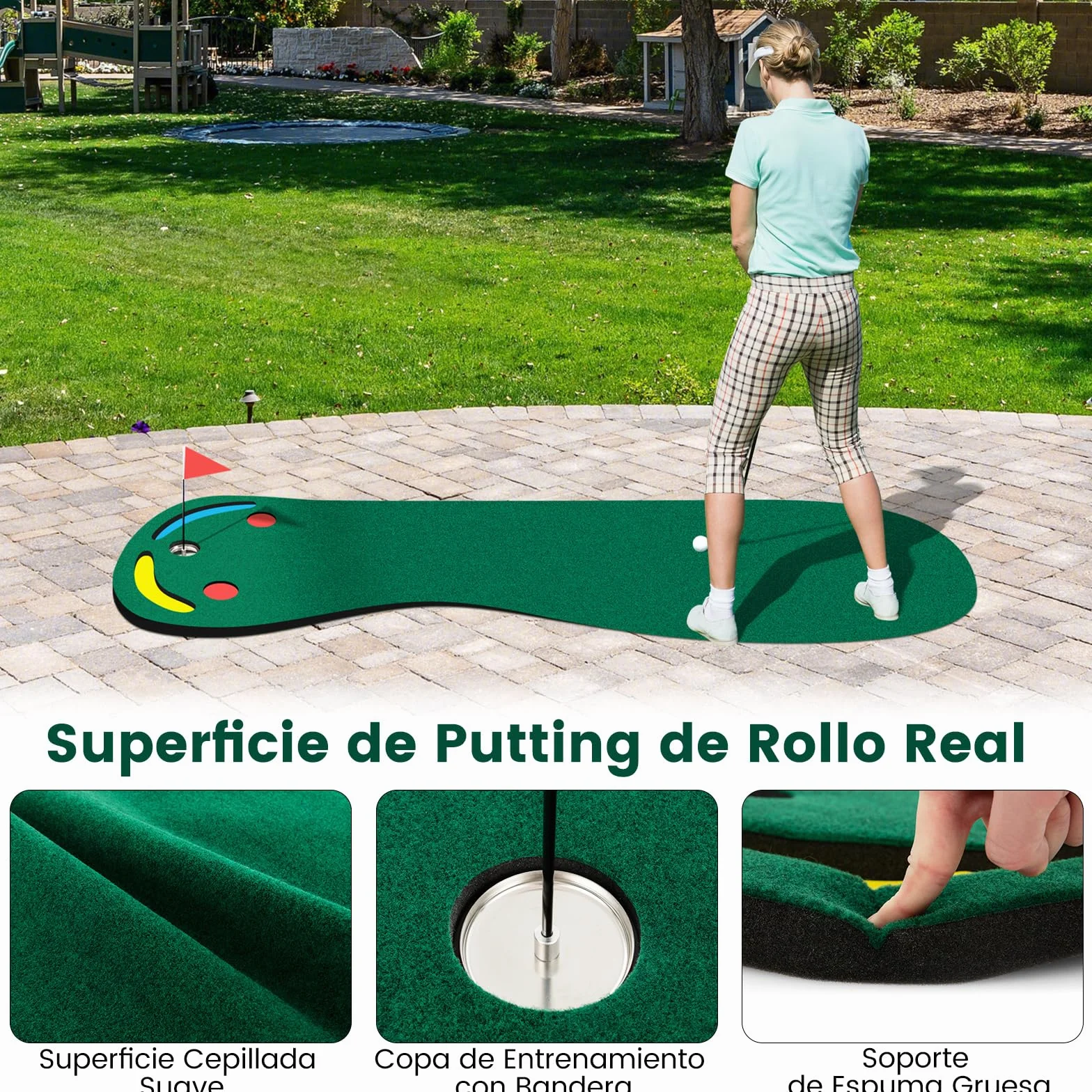 COSTWAY Alfombra de Putting de Golf 300x96 cm Mini Golf con 3 Tazas Bandera y Cubiertas