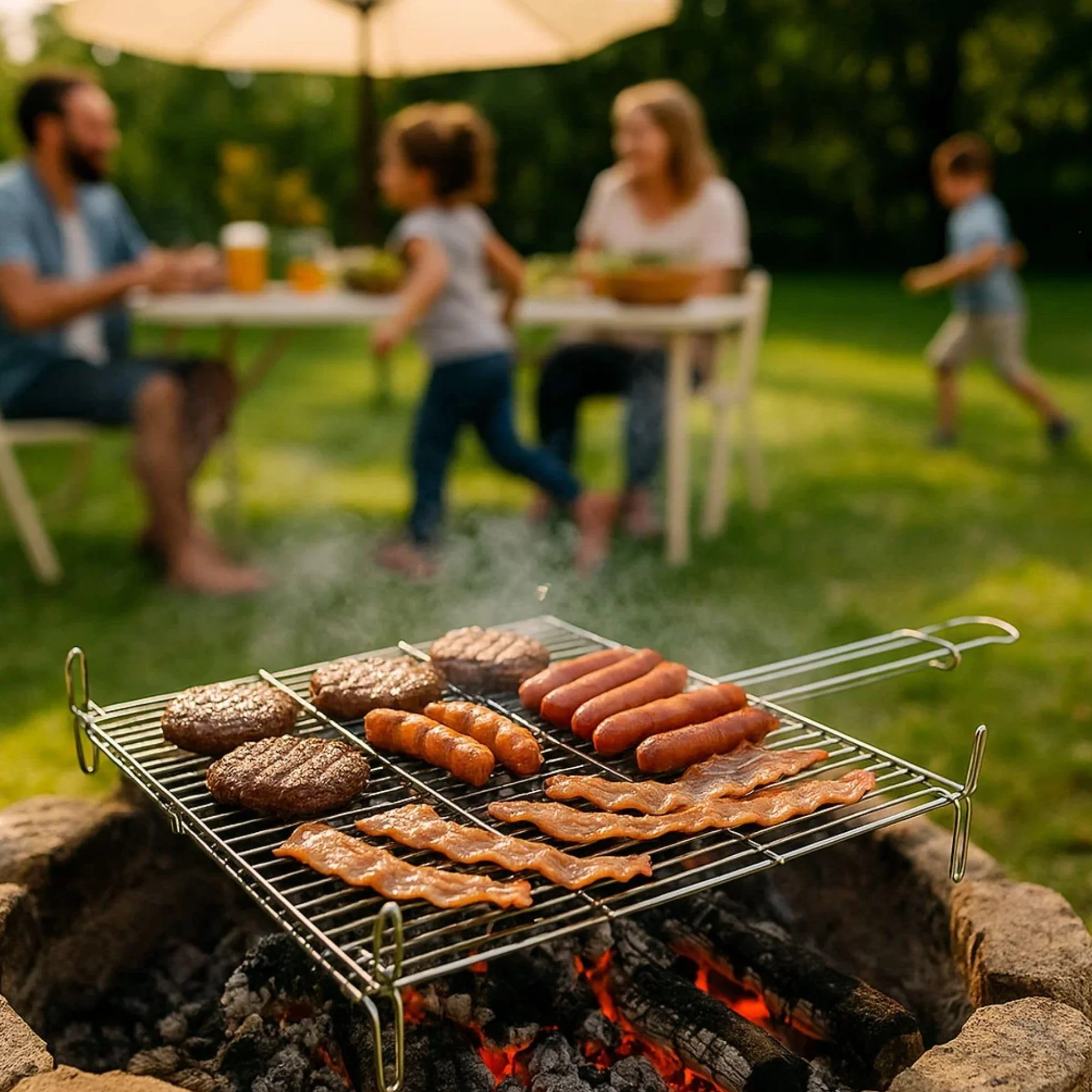 Algon | Parrilla Barbacoa 50x50 Grande Doble, Acero Inoxidable Zincado Gris Metalizado con Cierre de Seguridad - Parrilla Ideal para Asar Carnes y Verduras Resistente y Duradera para Exterior