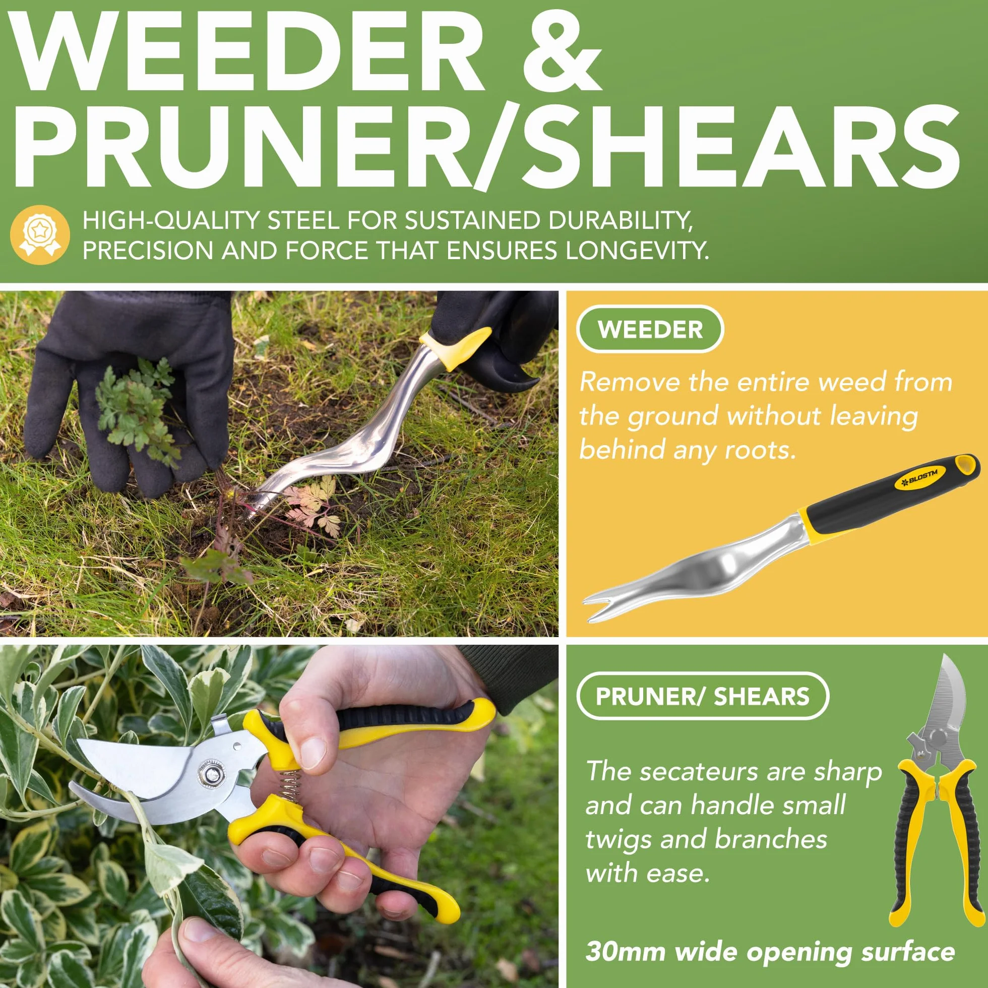 BLOSTM - Juego de herramientas para jardinería (11 piezas, herramientas de jardín, resistentes con bolsa de transporte impermeable, asas ergonómicas, pequeña pala jardinería, herramientas – Kit de