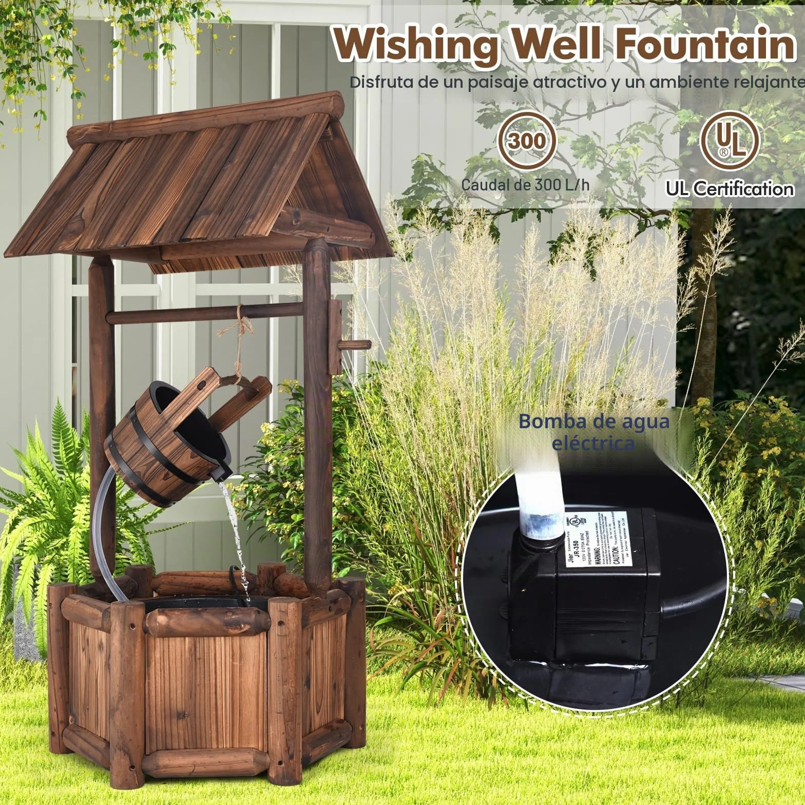 RELAX4LIFE Fuente de Jardín de Madera con Bomba Eléctrica 300L/H, Pozo Decorativa con Control del Caudal de Agua para Jardín, Balcón, Patio, 58,5×56×117cm, Marrón