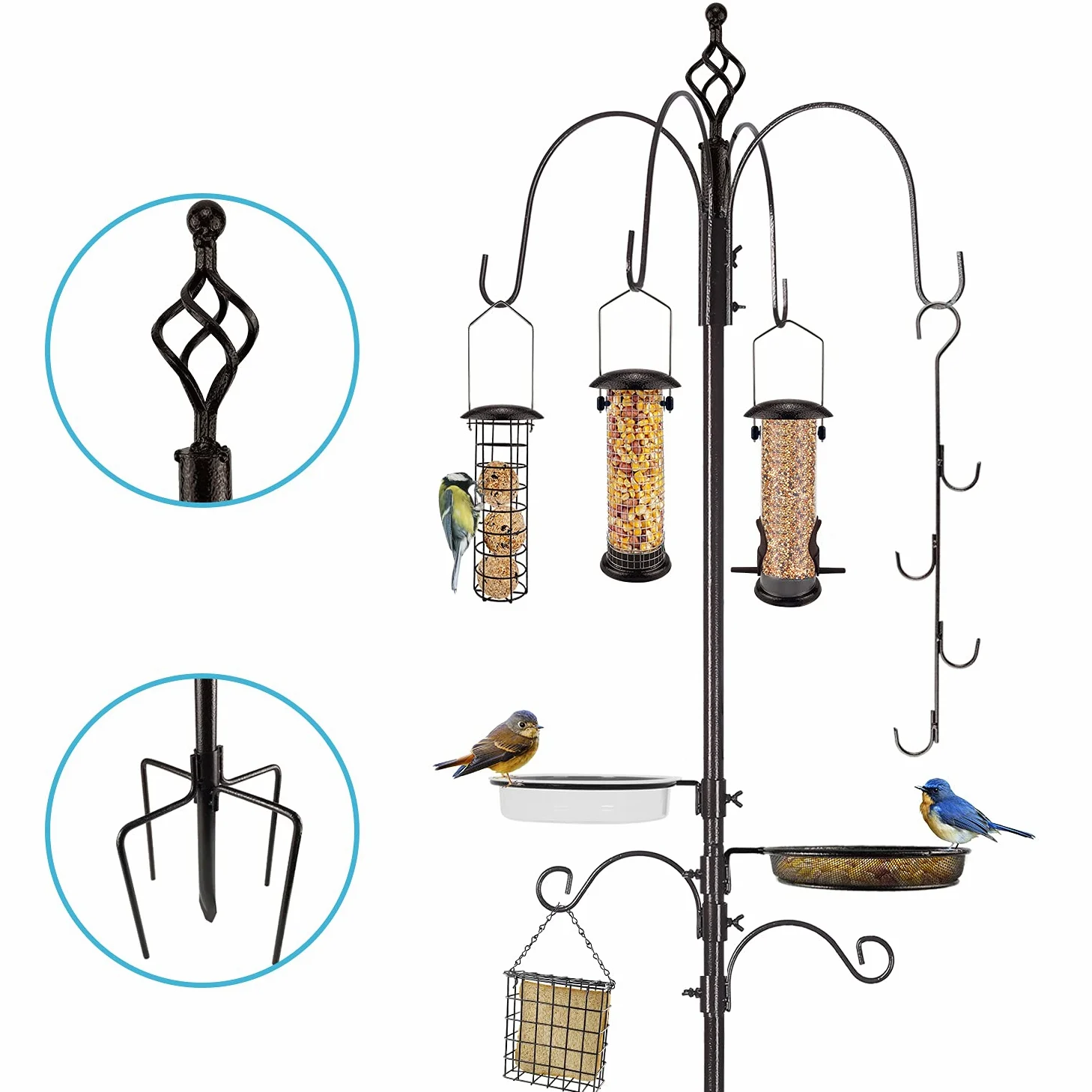 Urban Deco Kit de estación de alimentación para pájaros silvestres, kit de poste de comedero para pájaros, kit colgante múltiple para colgar con comedero de sebo de metal, baño para pájaros para