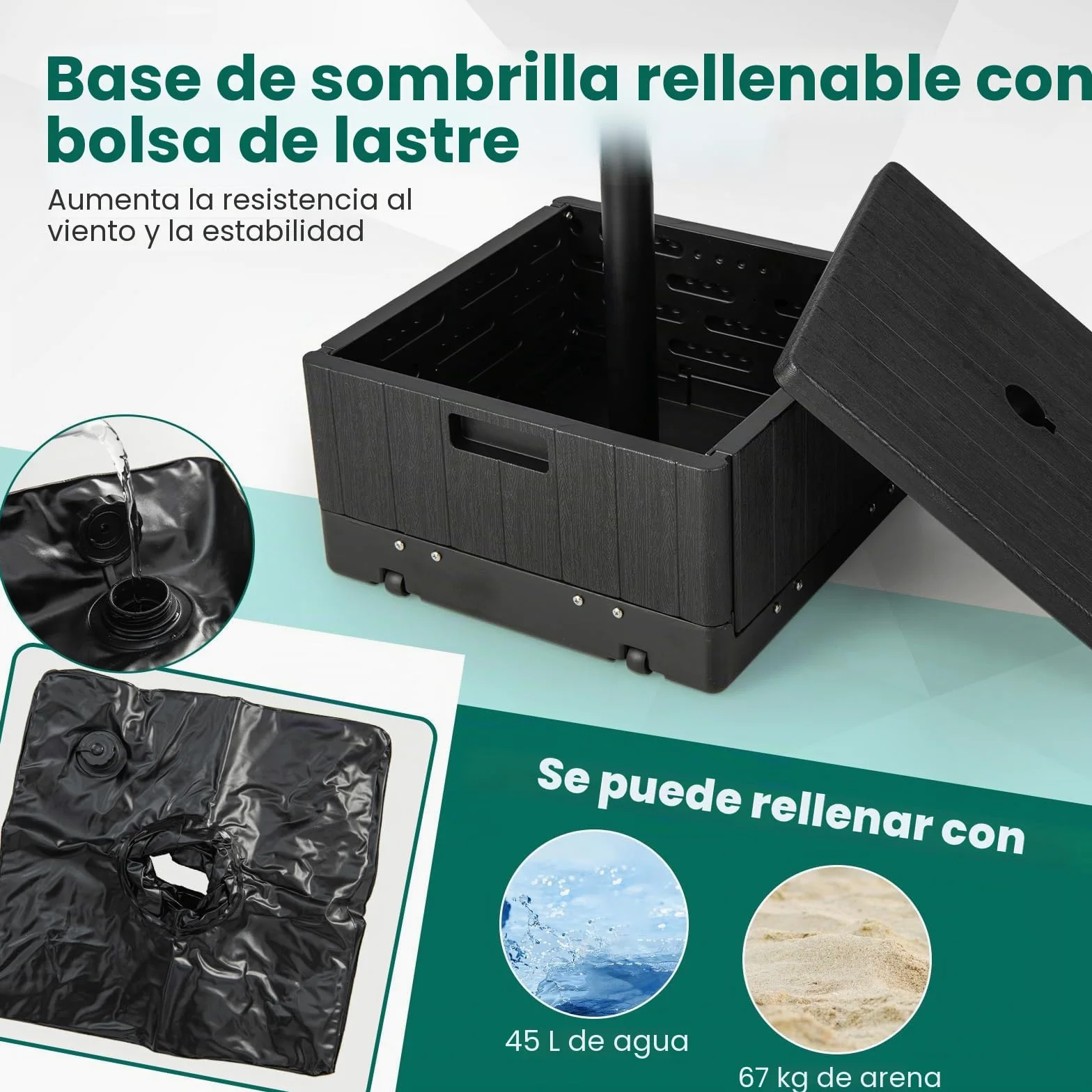 RELAX4LIFE 3 en 1 Soporte para Sombrilla Rellenable con Ruedas y Mesa Auxiliar, Base Sombrilla HDPE con Asas y Bolsa de Peso para Postes de Sombrilla 38/48 mm para Terraza/Piscina/Jardín (Negro)