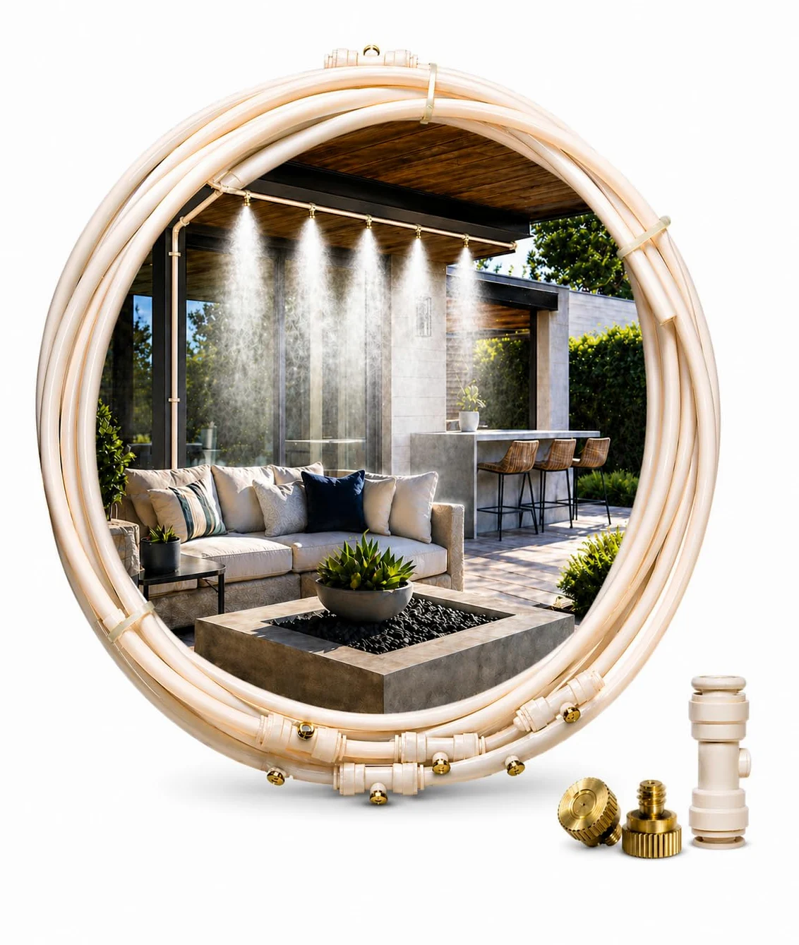 O'FRESH Nebulizador para Terraza 15m - Pérgola Parasol - Nebulización de exterior de alto rendimiento con 12 boquillas de acero inoxidable - 15 metros - Repele mosquitos y plagas voladoras