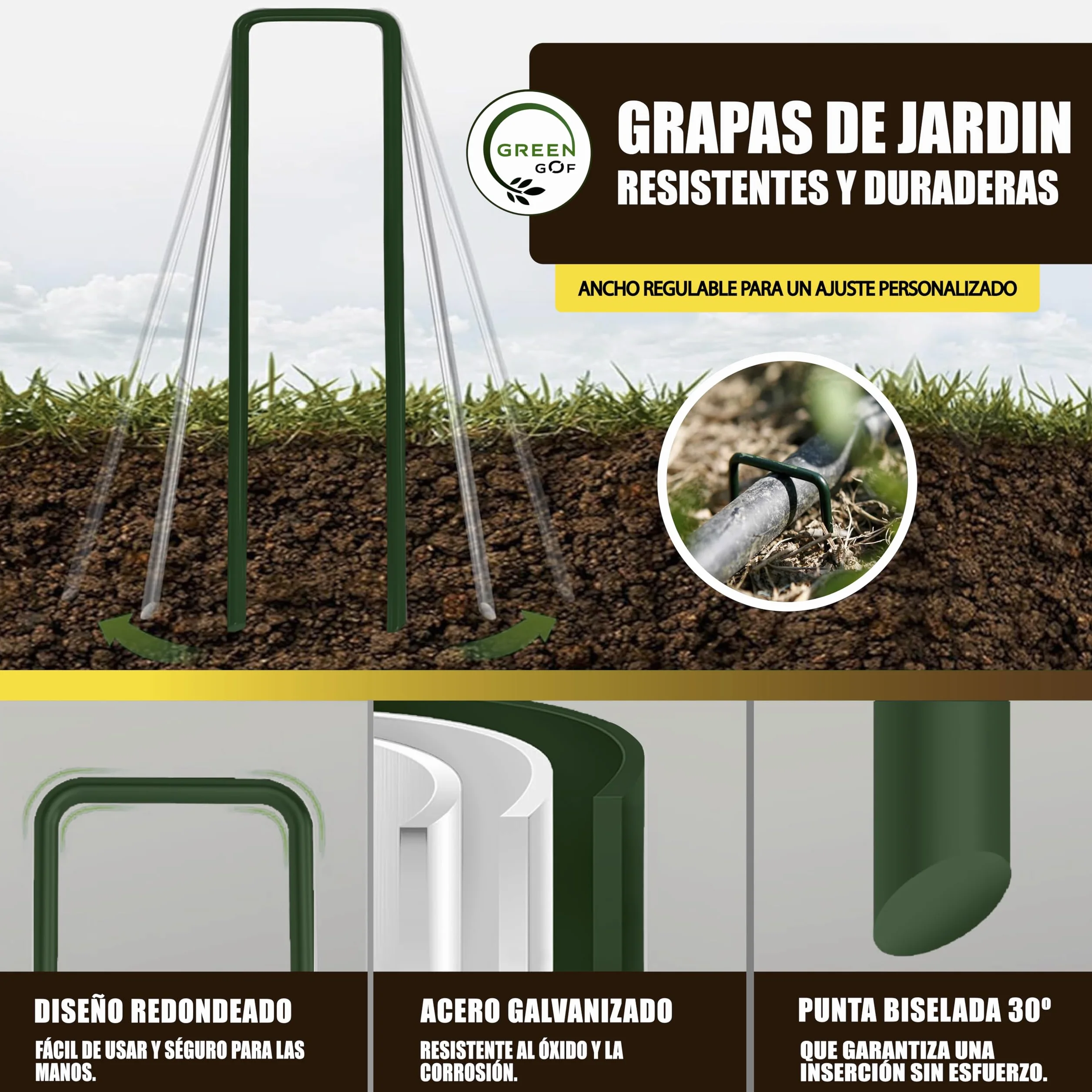 GREENGOF Grapas Verdes para Cesped Artificial, Malla Antihierba y Jardin, 100Unds - Acero Galvanizado, 15x4cm, Ø3mm - Ultra Resistentes y Anticorrosivas - Piquetas de Jardín, Anclaje al Suelo.