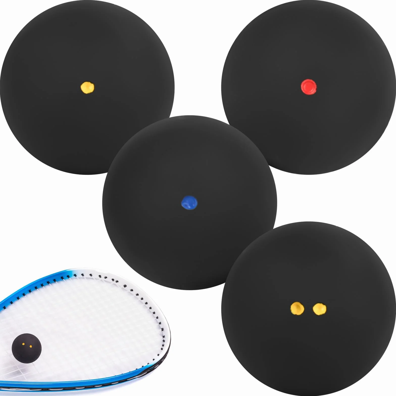 Pelotas de Squash Deportivas Juego de 4 - Doble Punto Amarillo, Simple Amarillo, Rojo, Azul
