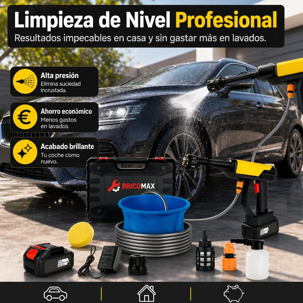 Hidrolimpiadora Batería Premium para Limpieza Alta PRESIÓN sin Cables 48V y Esponja - Pistola de Agua a Presión con Cubo Portátil - Hidrolavadora Portátil para el Coche, Jardín y Exteriores