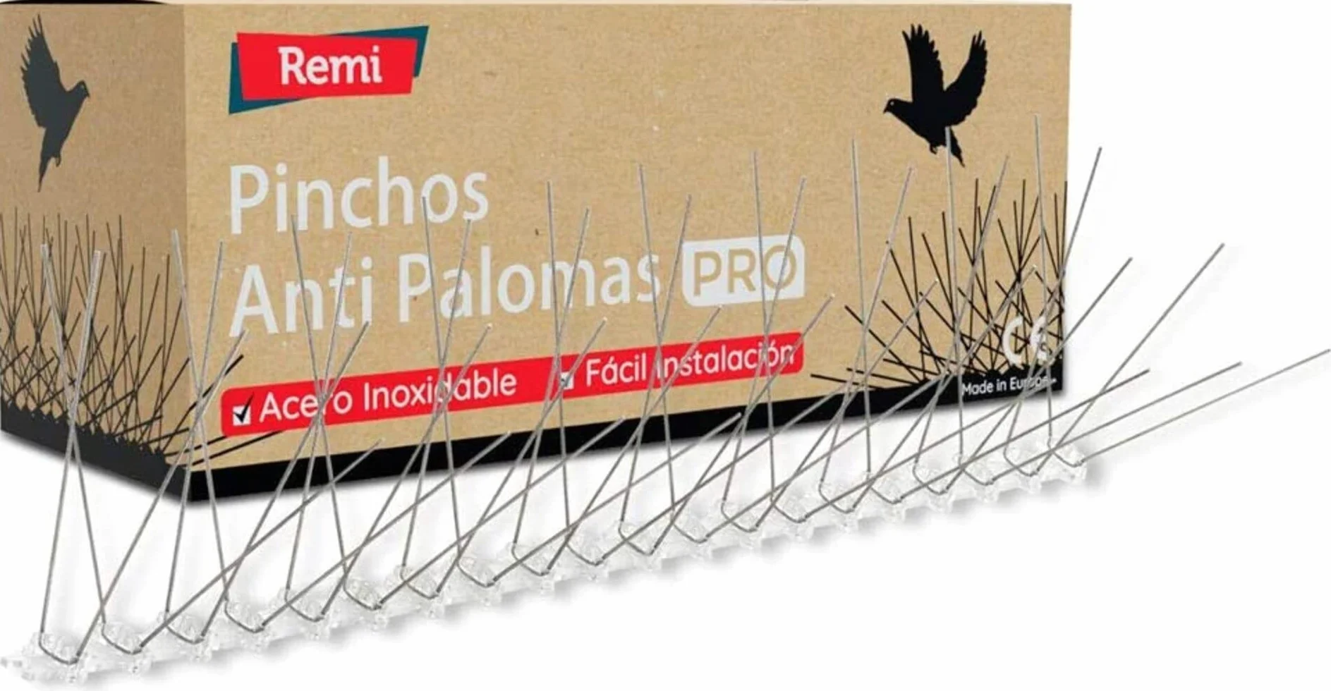 Pack de 5 Metros de Pinchos Antipalomas | Remi Hogar | Púas para Palomas de Acero Inoxidable | Ahuyenta Palomas Efectivo | 10 Tiras de 50cm Montadas | Con base transparente