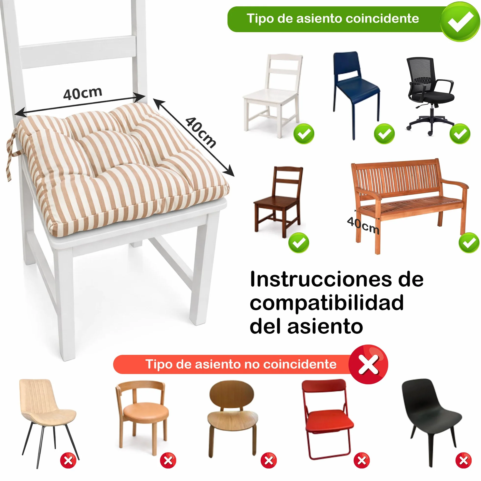 Viste tu hogar Pack 4 Cojines para Silla, 40x40x5 CM, Efecto Tridimensional, Relleno de 100% Poliéster, Ideal para Comedor, Terraza, Salón y Restaurante, Color Raya Beige, Fabricado en España