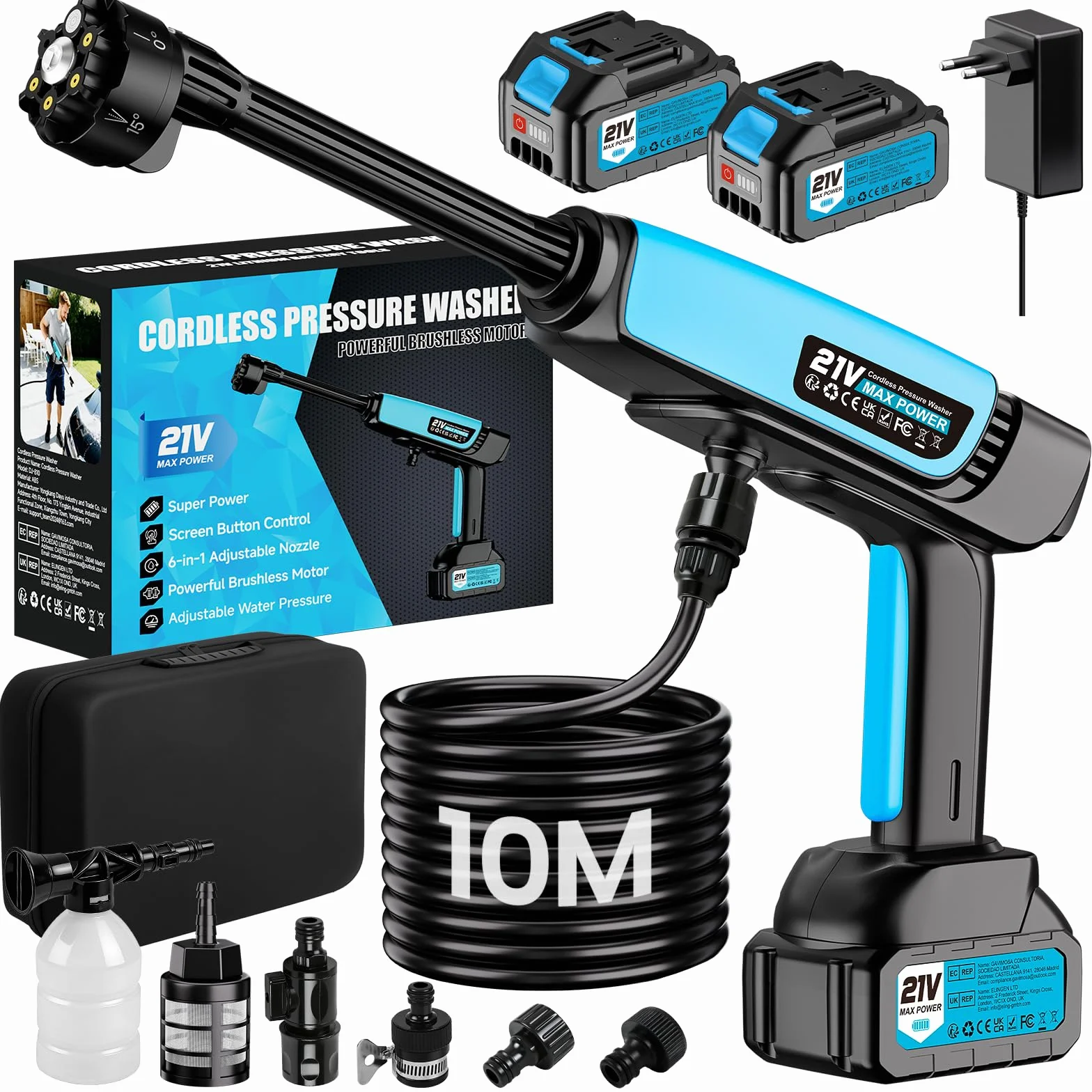 Hidrolimpiadora Bateria,Pistola de Agua a Presión 21V 80 bar,2x4000mAh,Boquilla 6 en 1,Tubo de 10 m Press & Clean Pistola Lavado,Hidrolimpiadora Portatil Batería para Coche Jardín Terraza Césped Riego