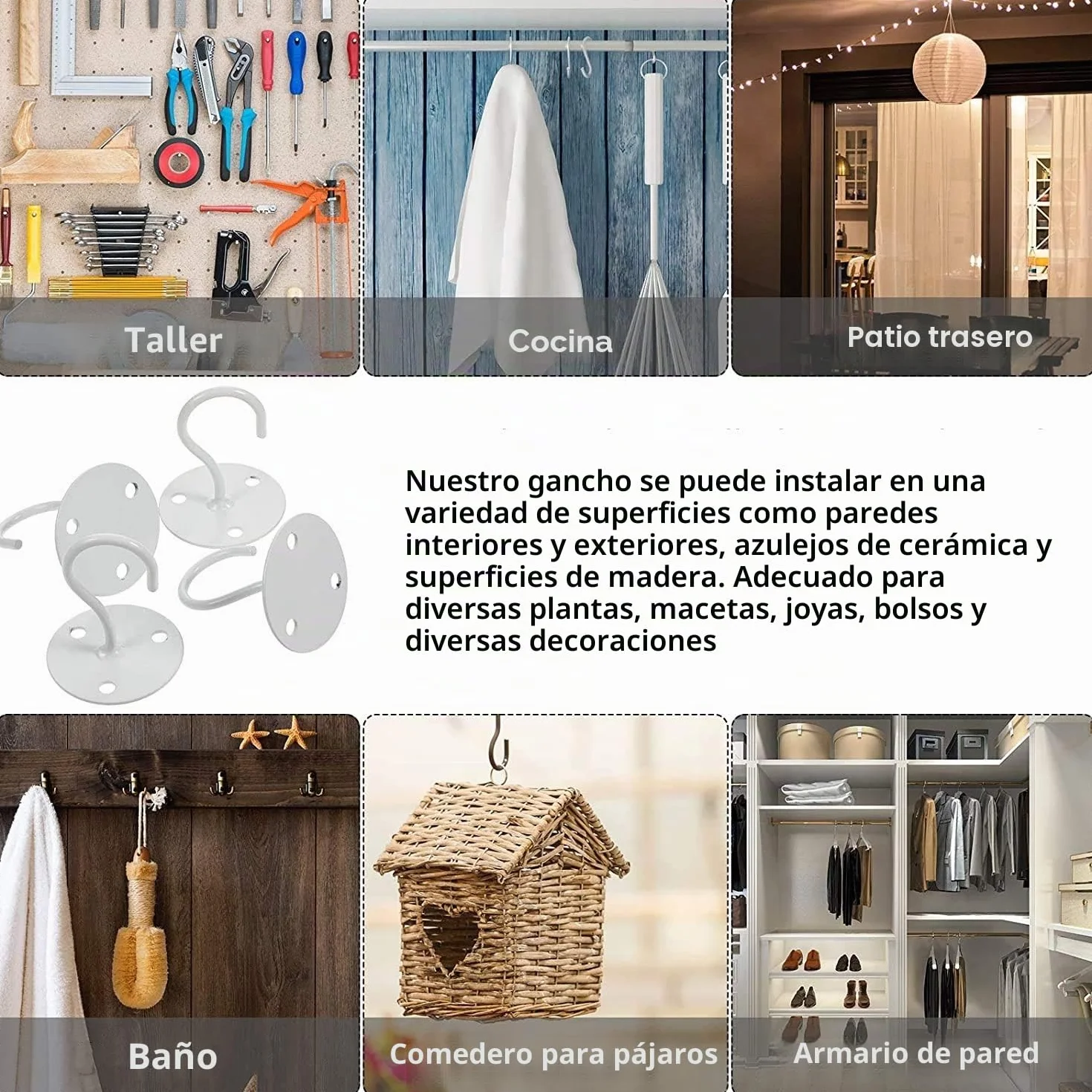 Voarge - Ganchos de techo de acero inoxidable (2 unidades, soporte de pared, para macetas, con tornillos para colgar comederos de pájaros, color blanco