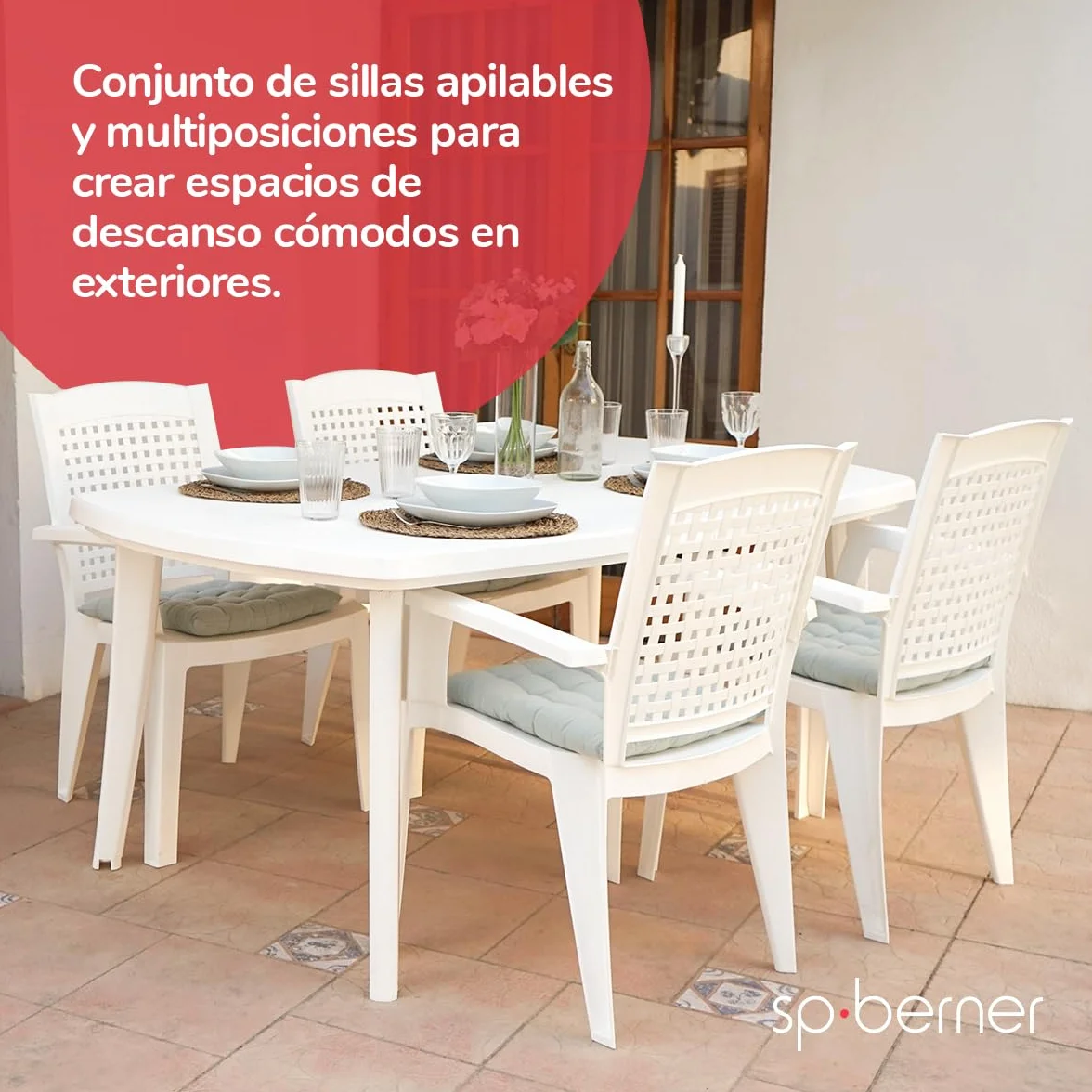 SP Berner SHAF - Pack 4 Sillas - Jardín Exterior y Terraza - Plástico Reciclado Resistente UV - Apilables - Modelo Metal - Blanco