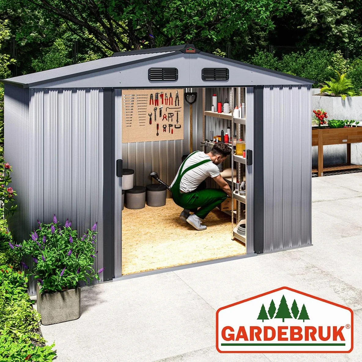 GARDEBRUK® Cobertizo de Jardín XXL Caseta Exterior 5m² con Base 260x205x180cm 9m³ Puerta Corrediza Gris Metálico