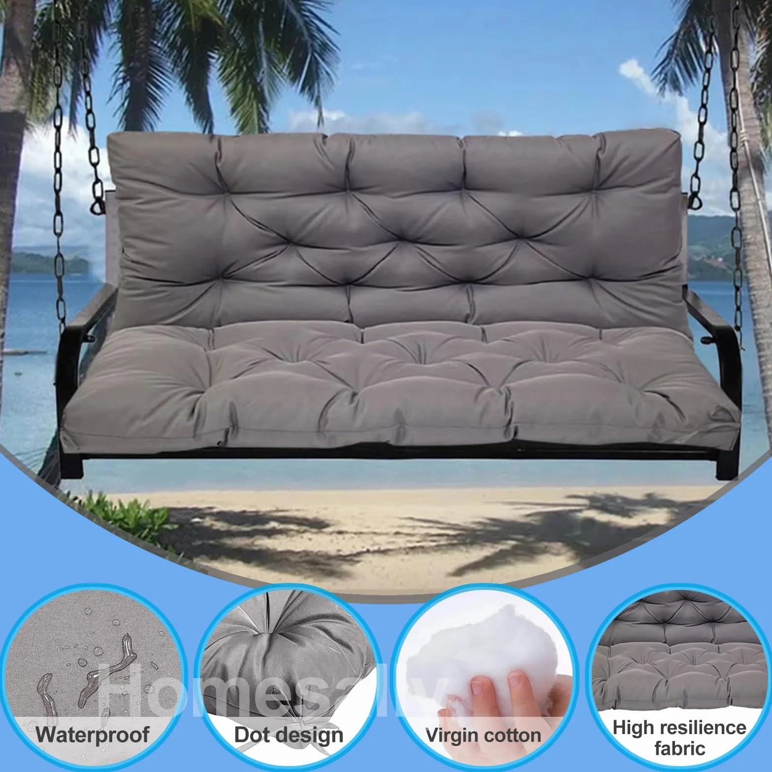 Impermeable al aire libre Swing Cushions with Backrest 2/3 Seater Bench Cushion for Garden Furniture Dark Grey Seat Replacement Cushions 150 x 100 x 10 cm Includes 8 slips Ties