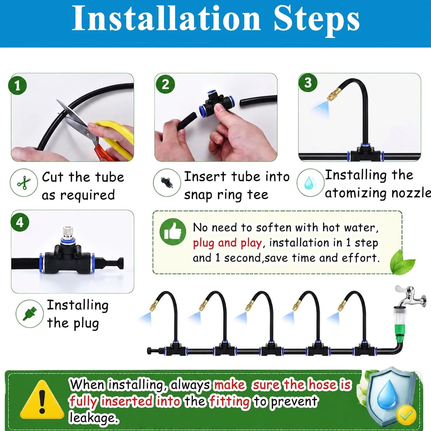 Kit de sistema enfriamiento por nebulización PE | Sistema de enfriamiento de nebulización de varios tamaños negros for patio al aire libre(20m/65.6ft)