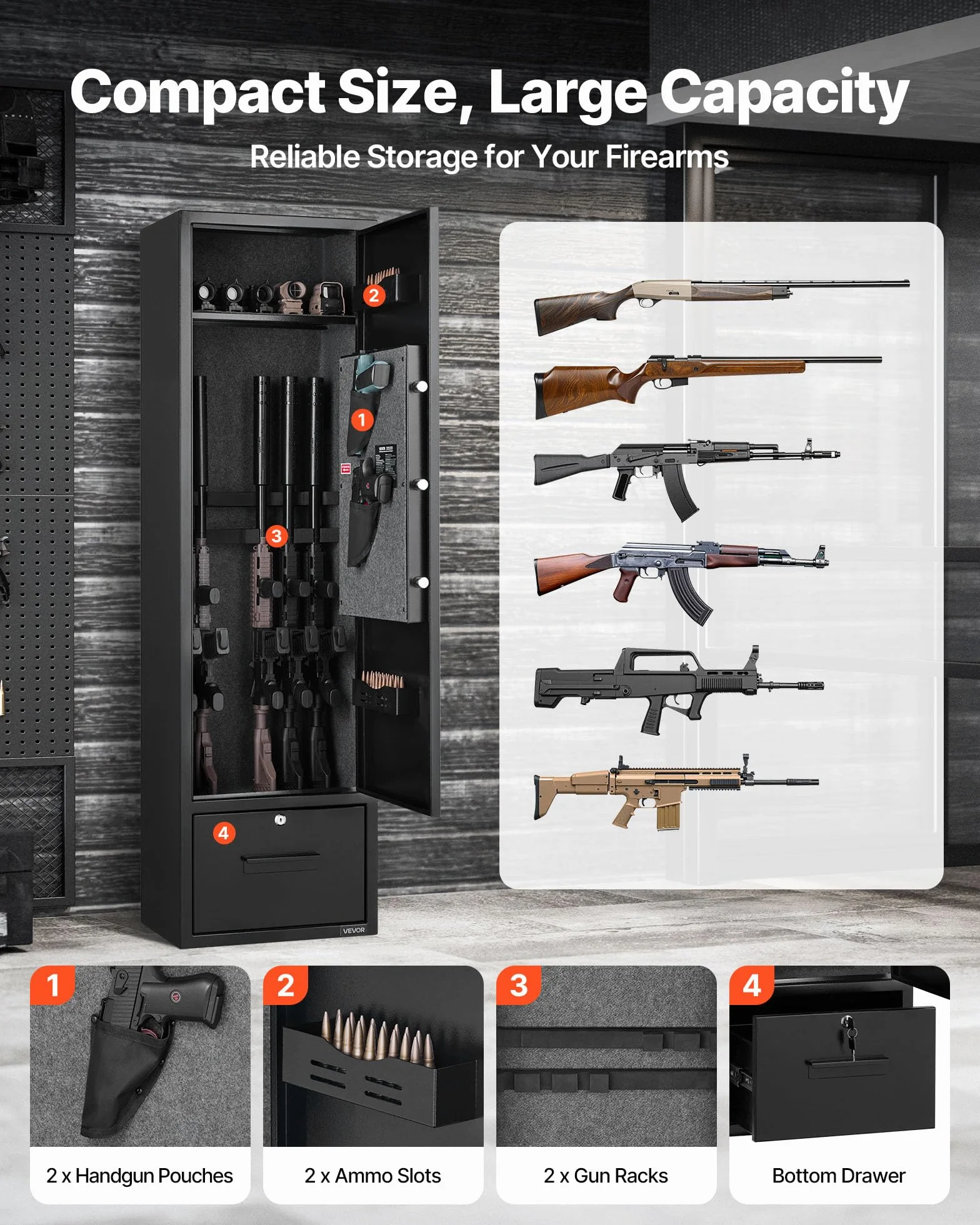 VEVOR Armario para Armas Largas con Cerradura con Contraseña, Caja Fuerte para 4 Rifles, 405 x 280 x 1400 mm