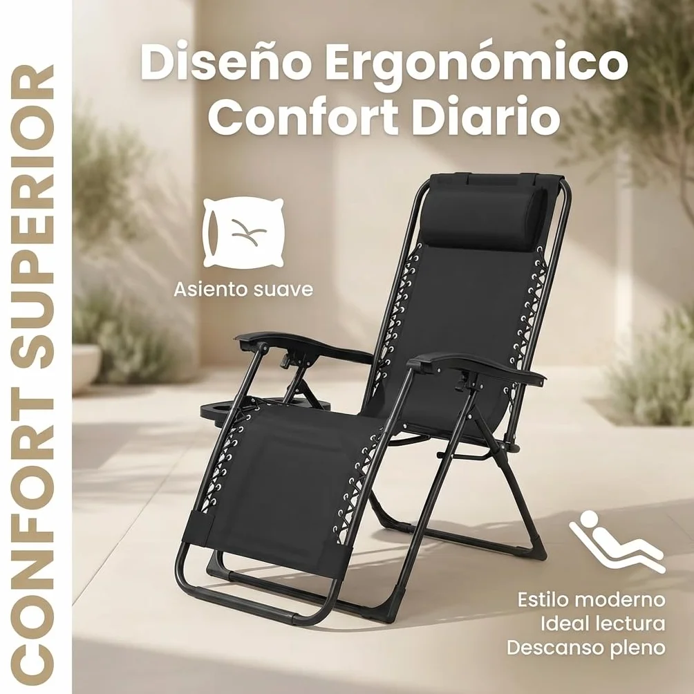 Tumbona Plegable para Exterior | Reposapiés y Cojín Ajustable | Silla Reclinable Bandeja Lateral para Bebidas, Móvil y Libros | para Terraza, Camping, Playa, Piscina (Negro)