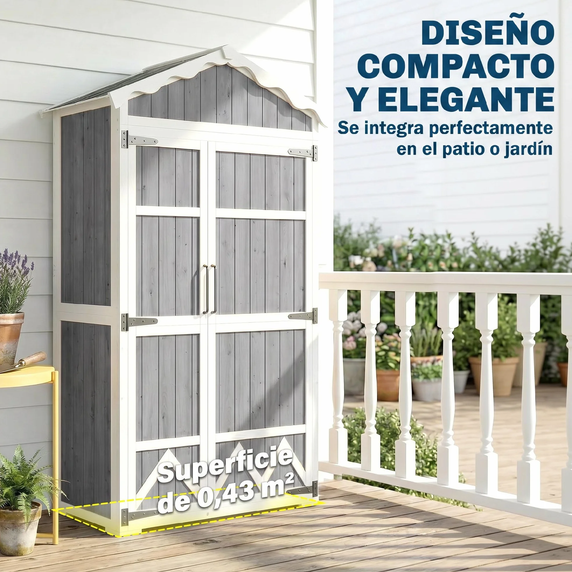 Outsunny Caseta de Jardín de Madera 105x55x179 cm Cobertizo Jardín Exterior Impermeable Armario Exterior Herramientas con Puertas 4 Estantes Extraíbles Techo Metal Galvanizado Pies Ajustables Gris
