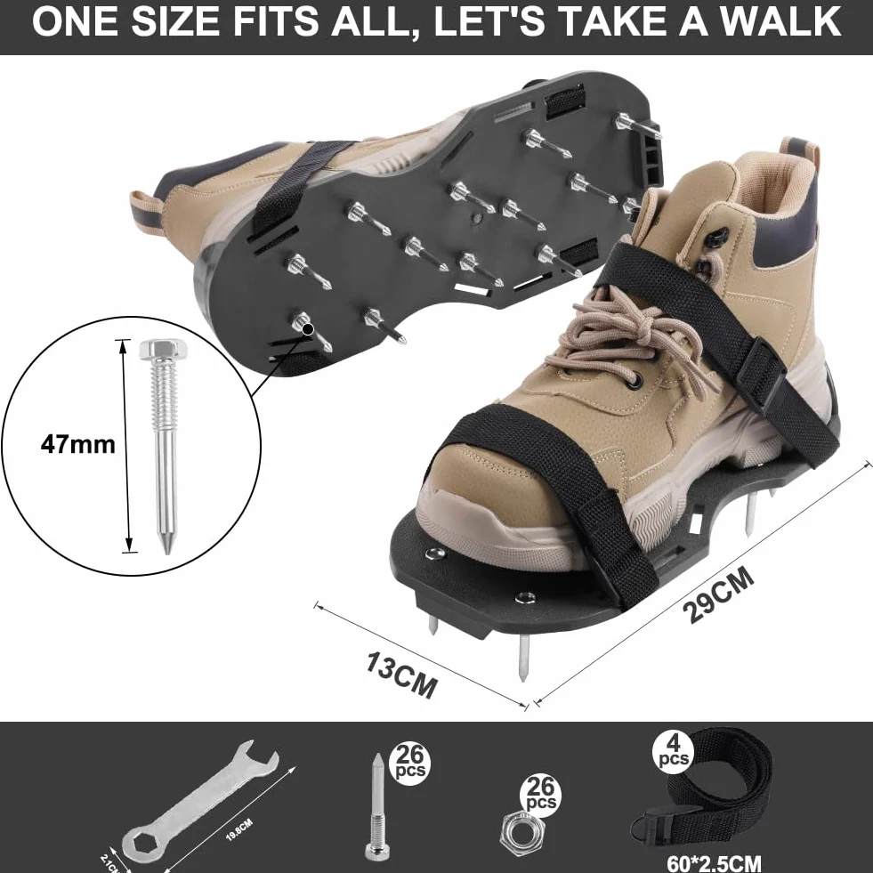 URAQT Zapatos Aireador para Cesped, 1par Suelas Escarificadoras Suela de 29*13CM y Púas de 47mm, Zapatos Aireador Jardin de Tamaño Ajustable,Talla Universal, para Zapatos Aireación en Patio y Jardín