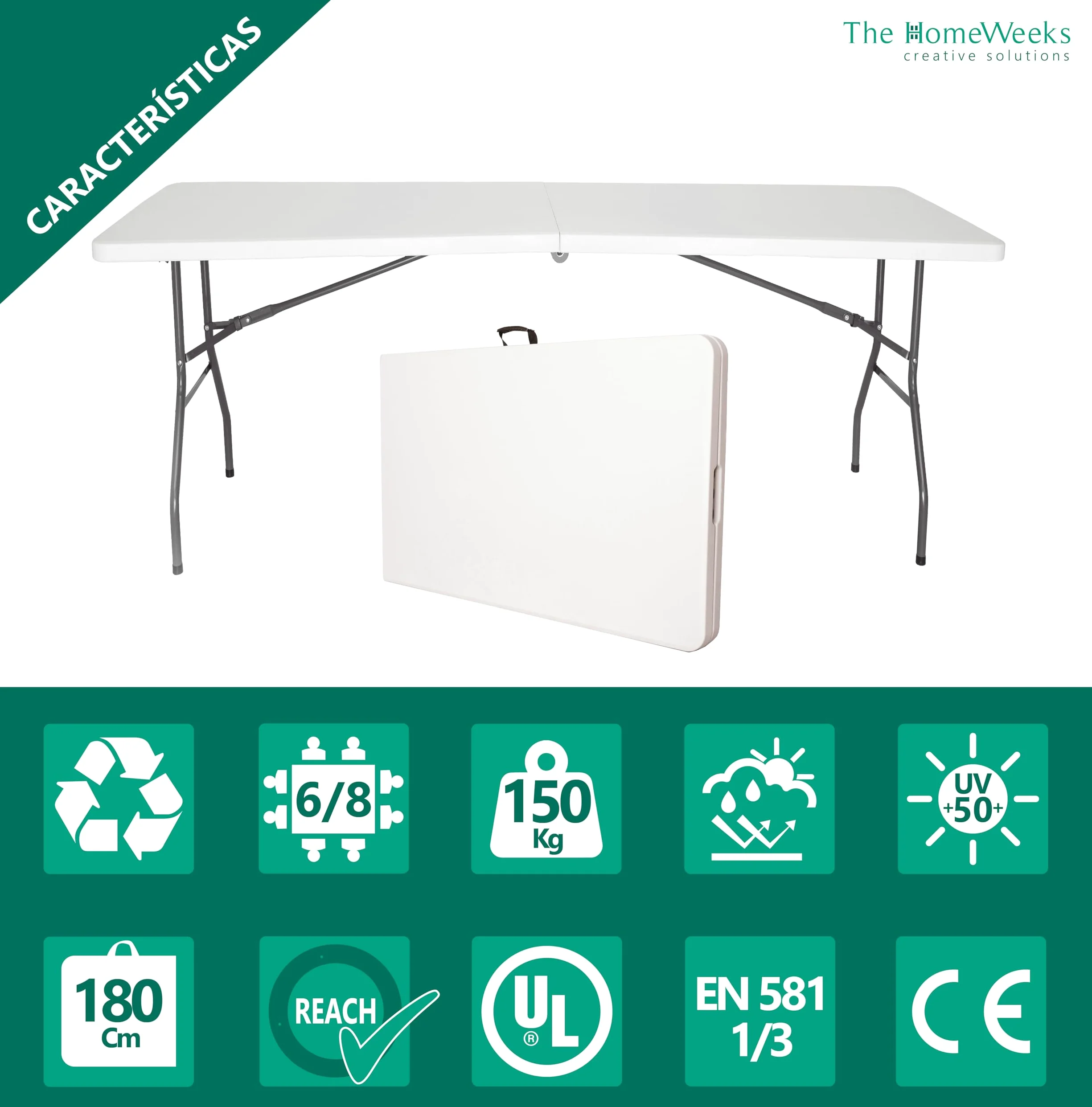 The Homeweeks Mesa Plegable Solid 180cm Portátil | Normativa Uso Público Interior/Exterior | Tablero Resina HDPE 3,5cm | Capacidad 6/8 Personas y Carga 150 kg | Multiuso