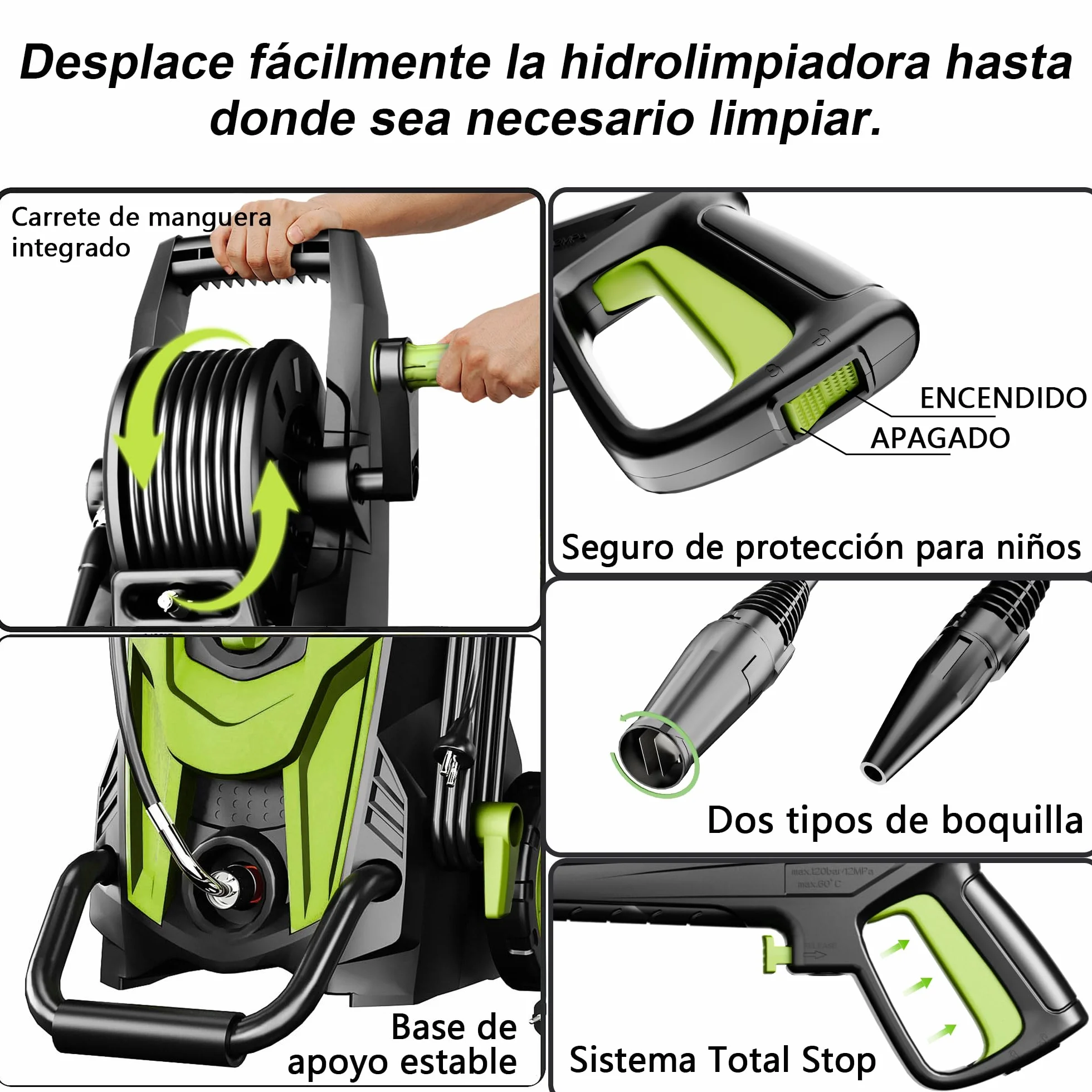 2026NEW Hidrolimpiadora de Alta Presión 180 Bar, 420 l/h, con Carrete para Manguera, Depósito de Espuma y Boquilla Ajustable 6 en 1, Rendimiento de hasta 50 m²/h, para Coche, Terraza y Jardín