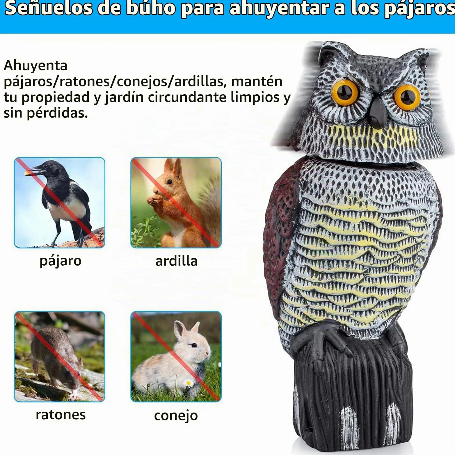 Wing Ahuyentador De Pajaros, Buho Espanta Palomas, Buho Espantapajaros con Sonido Y 360° Cabeza Giratoria, Control De Aves para JardíN, Patio, Granja Etc