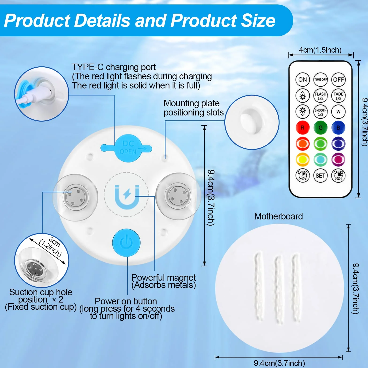 TEPENAR Luces sumergibles recargables para piscina, luces subacuáticas impermeables de 3.7 pulgadas, carga USB-C, funciona con pilas, control remoto, 16 luces de bañera de hidromasaje que cambian de