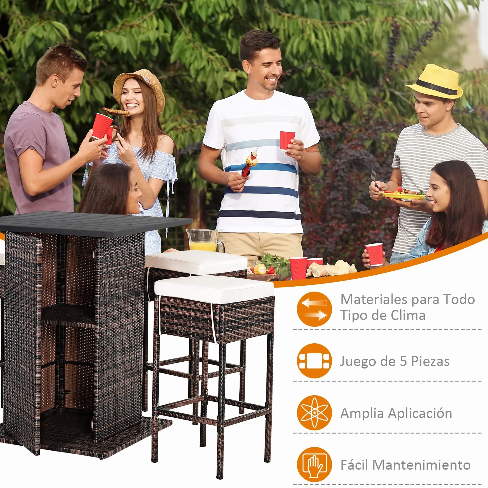 COSTWAY Juego de Bar de Mimbre para Exteriores de 5 Piezas, Mesas Altas y 4 Taburetes con Cojines, Mesa con Tapa Lisa y Estante de Almacenamiento Oculto