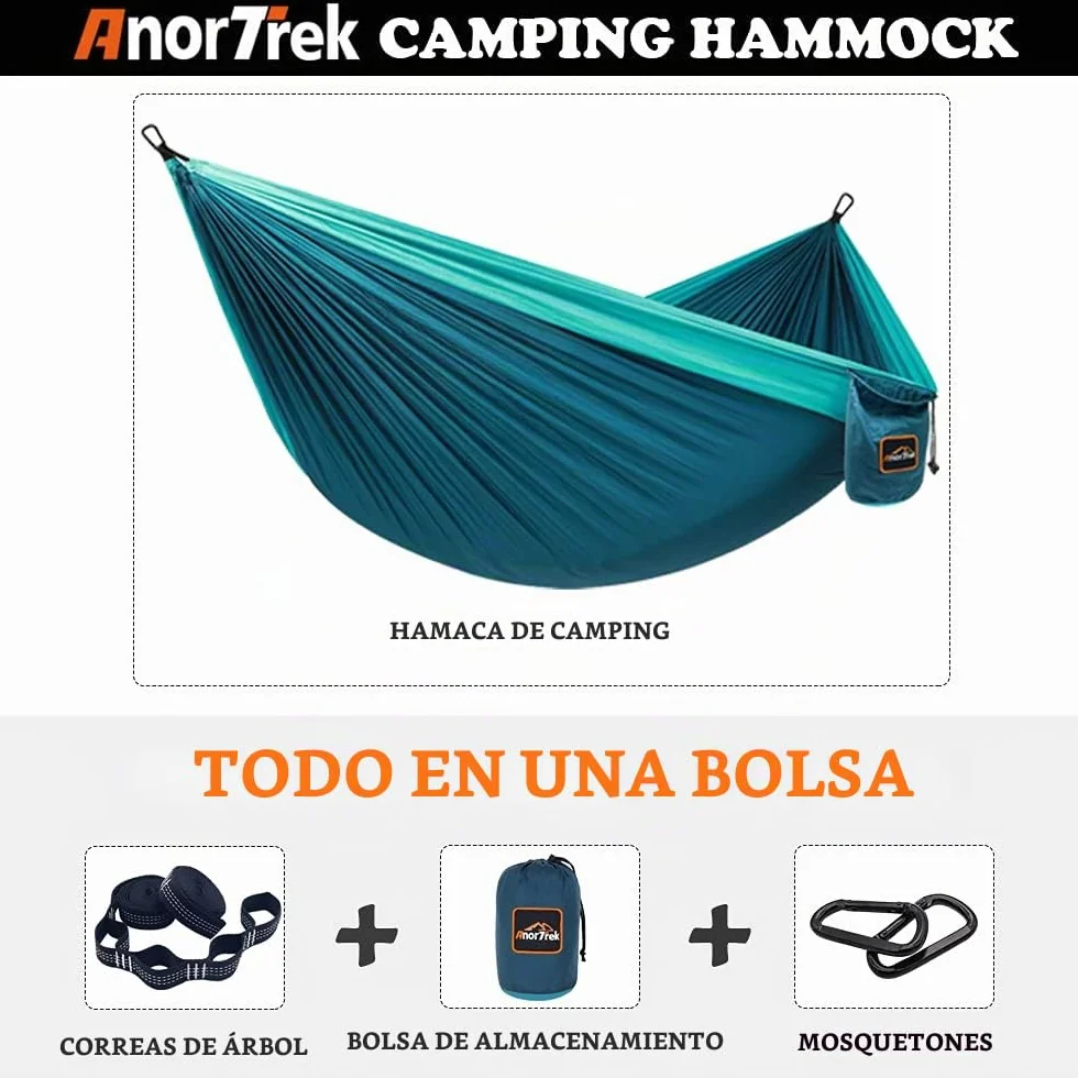 AnorTrek Hamaca de Camping, Súper Ligera y Portátil, de Paracaídas con Dos Correas para Árboles, Hamacas de Viaje de Nylon Individuales o Dobles para Acampar, Mochilero y Senderismo