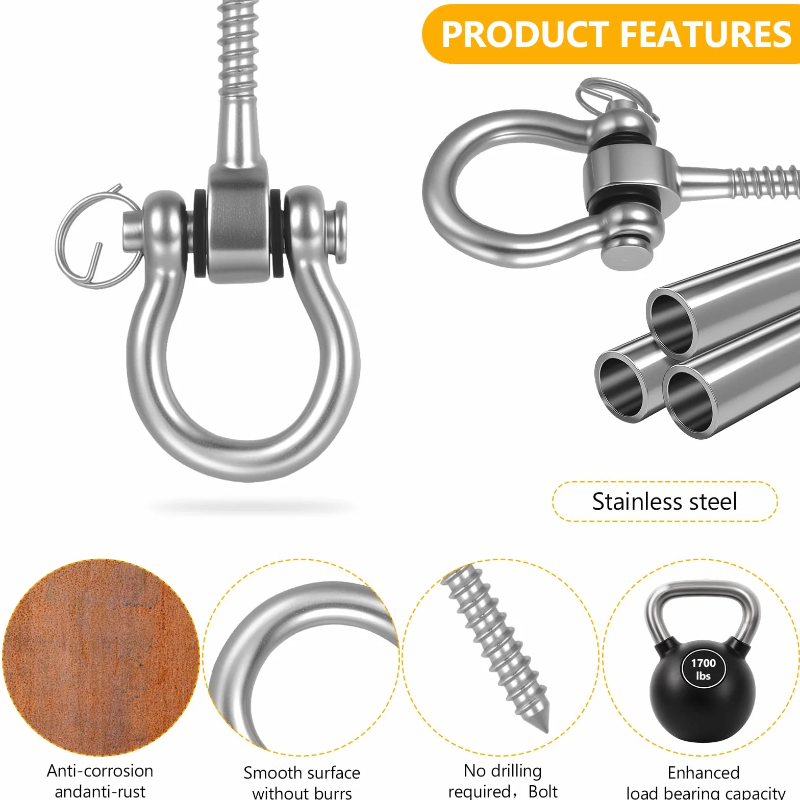 2 PcsGanchos para Columpios de Techo, 123mm Soportes Ganchos de Techo de Acero Inoxidable de 180° Rotación, Ganchos de Hamacas Yoga Sacos de Boxeo Arena Porches Patios