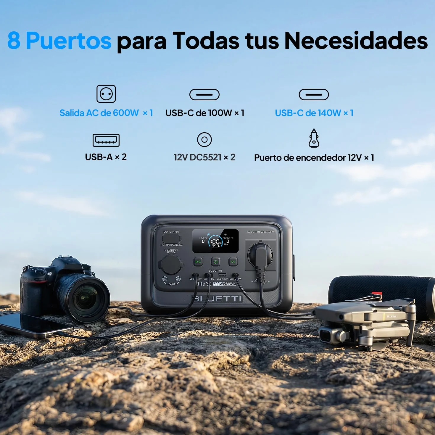 BLUETTI Elite 30 V2 Estación de Energía Portátil, Generador Solar de 288Wh, 600W Salidas CA (Power Lifting 1500W), Batería LiFePO4 de Carga Rápida para Camping, Viajes por Carretera y Cortes de Luz