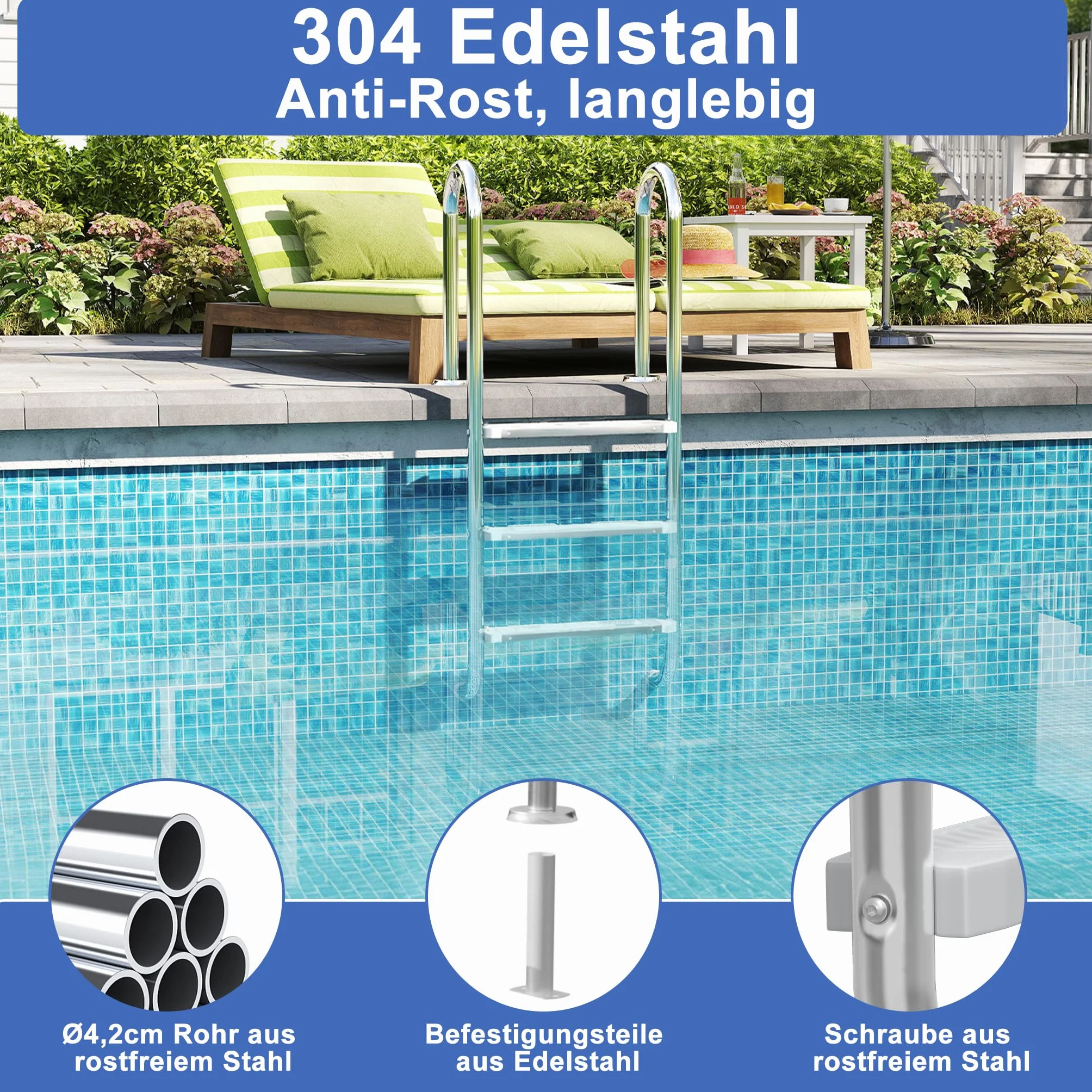 YRHome Escalera de piscina de 4 peldaños de acero inoxidable 304, antideslizante, hasta 150 kg, capacidad de carga de hasta 150 kg, escalera de piscina para piscina de jardín, piscina empotrable