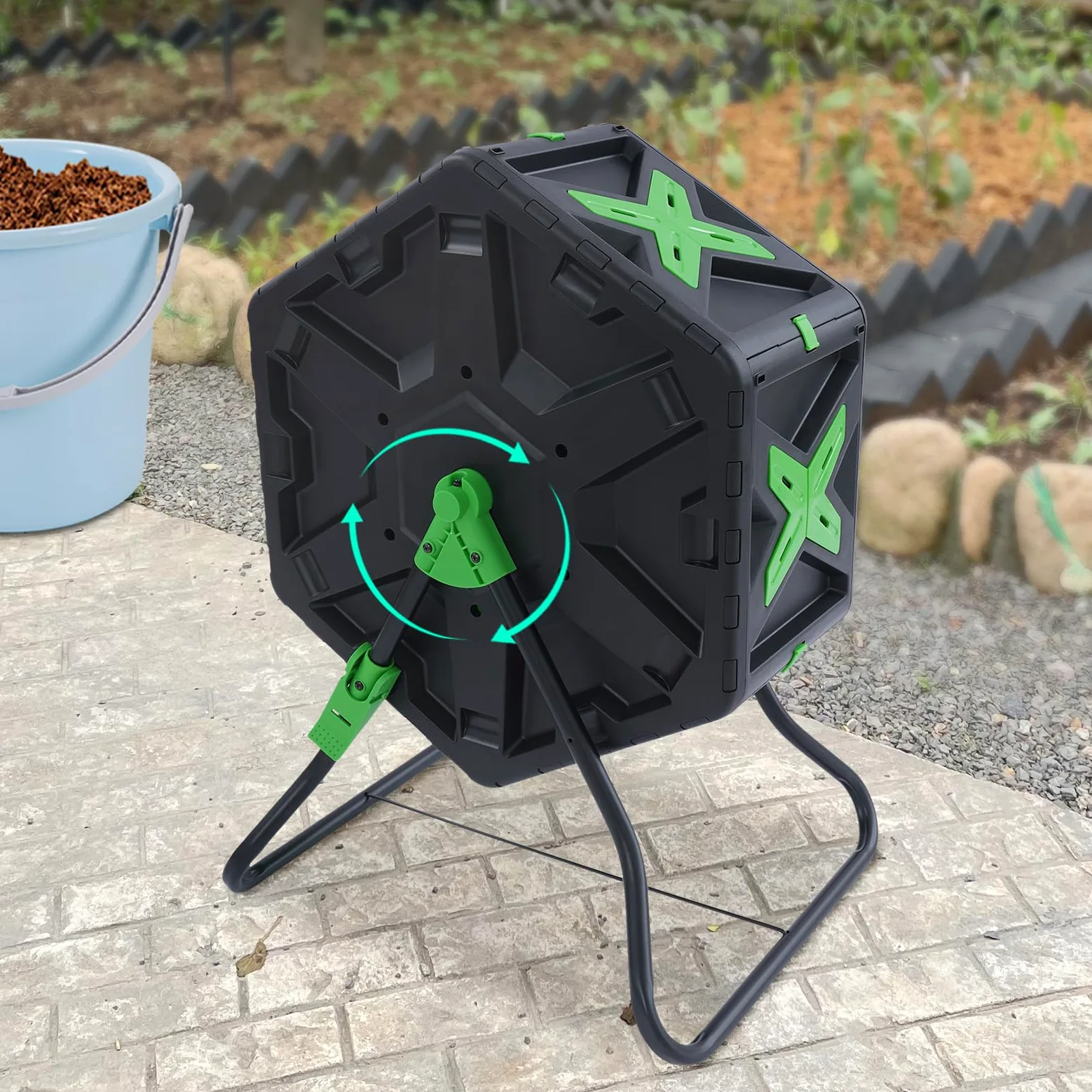 Compostador giratorio de 70 litros, contenedor de compostaje giratorio, para jardín, compostador rápido giratorio, para residuos de cocina, hierba triturada, hojas, paja, virutas de madera, ramas, etc
